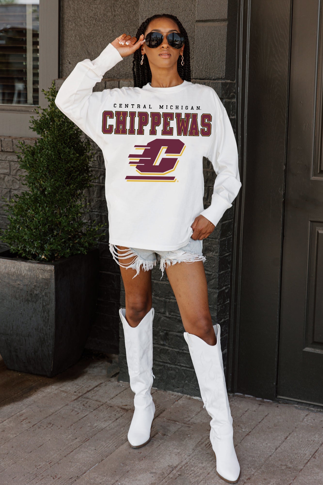 CENTRAL MICHIGAN CHIPPEWAS BIG GOALS OVERSIZED LONG SLEEVE TEE WITH RIBBED NECKLINE AND CUFFS