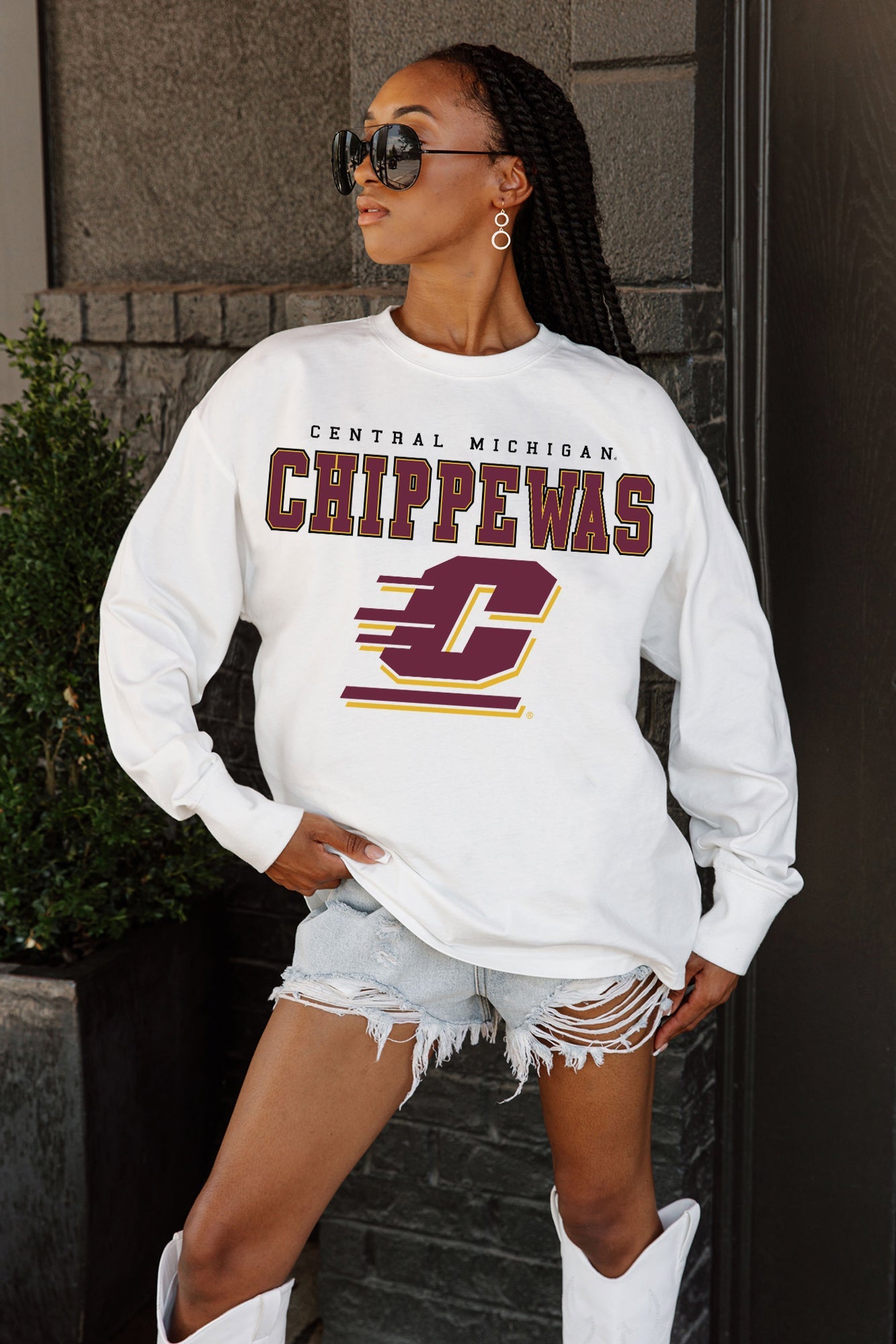CENTRAL MICHIGAN CHIPPEWAS BIG GOALS OVERSIZED LONG SLEEVE TEE WITH RIBBED NECKLINE AND CUFFS