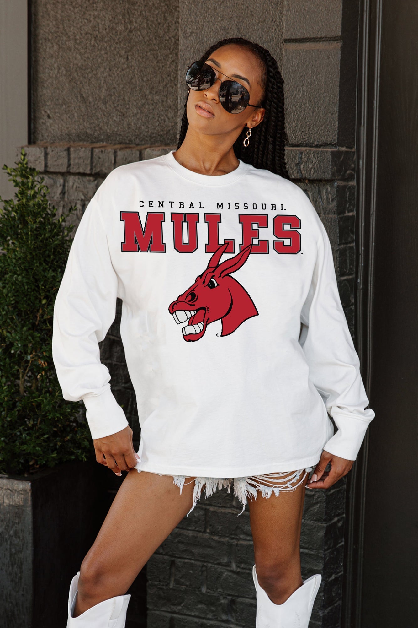 CENTRAL MISSOURI MULES BIG GOALS OVERSIZED LONG SLEEVE TEE WITH RIBBED NECKLINE AND CUFFS
