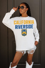White California Riverside Highlanders BIG GOALS Oversized Long Sleeve Tee - Relaxed Fit On Model | Gameday Couture - SOHO