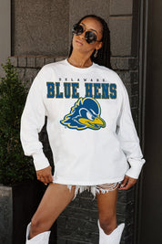 DELAWARE BLUE HENS BIG GOALS OVERSIZED LONG SLEEVE TEE WITH RIBBED NECKLINE AND CUFFS