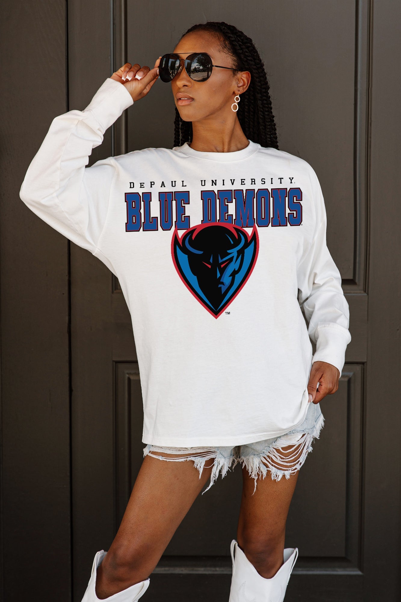 DEPAUL BLUE DEMONS BIG GOALS OVERSIZED LONG SLEEVE TEE WITH RIBBED NECKLINE AND CUFFS