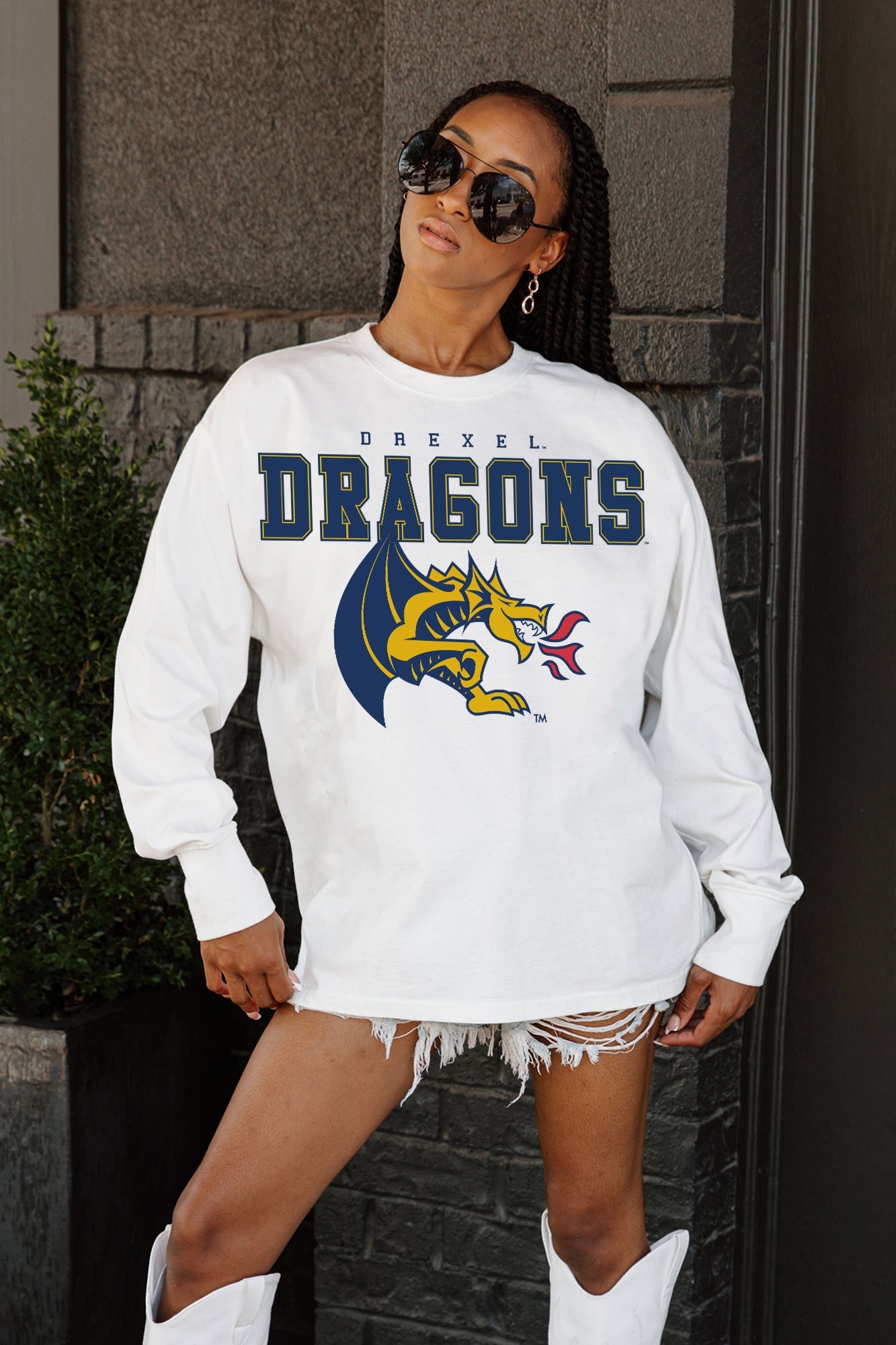 DREXEL UNIVERSITY DRAGONS BIG GOALS OVERSIZED LONG SLEEVE TEE WITH RIBBED NECKLINE AND CUFFS