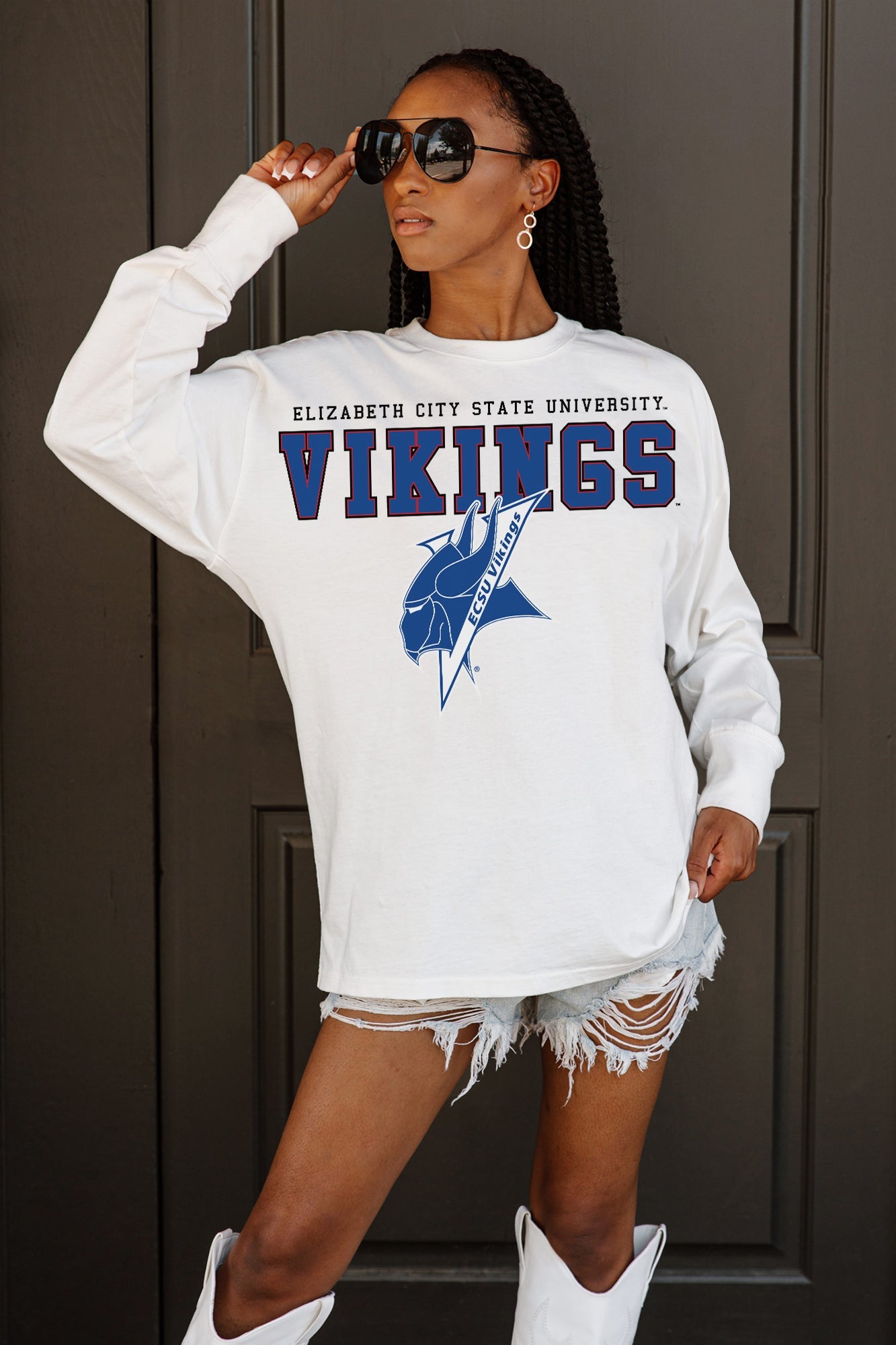 ELIZABETH CITY STATE UNIVERSITY VIKINGS BIG GOALS OVERSIZED LONG SLEEVE TEE WITH RIBBED NECKLINE AND CUFFS