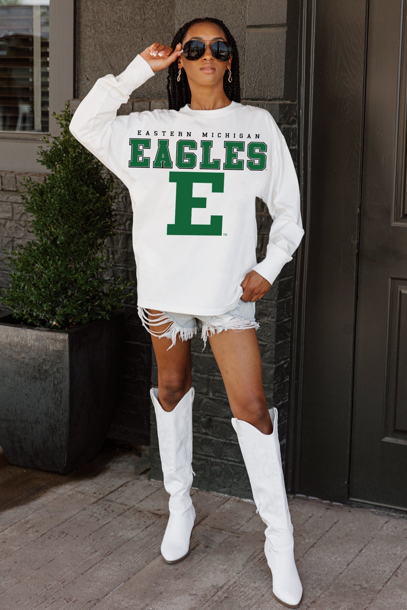 EASTERN MICHIGAN EAGLES BIG GOALS OVERSIZED LONG SLEEVE TEE WITH RIBBED NECKLINE AND CUFFS