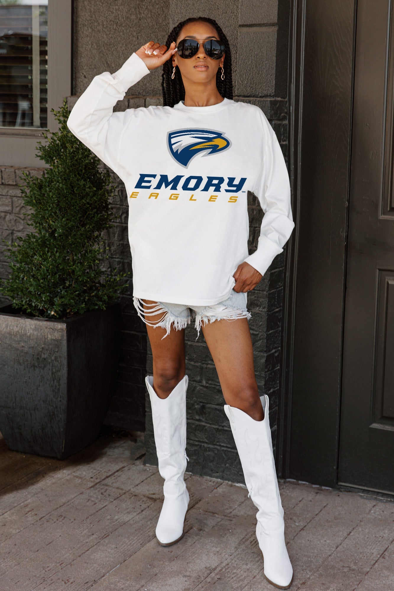 White EMORY EAGLES Big Goals Oversized Long Sleeve Tee - Full Body Styled Look | Gameday Couture - SOHO