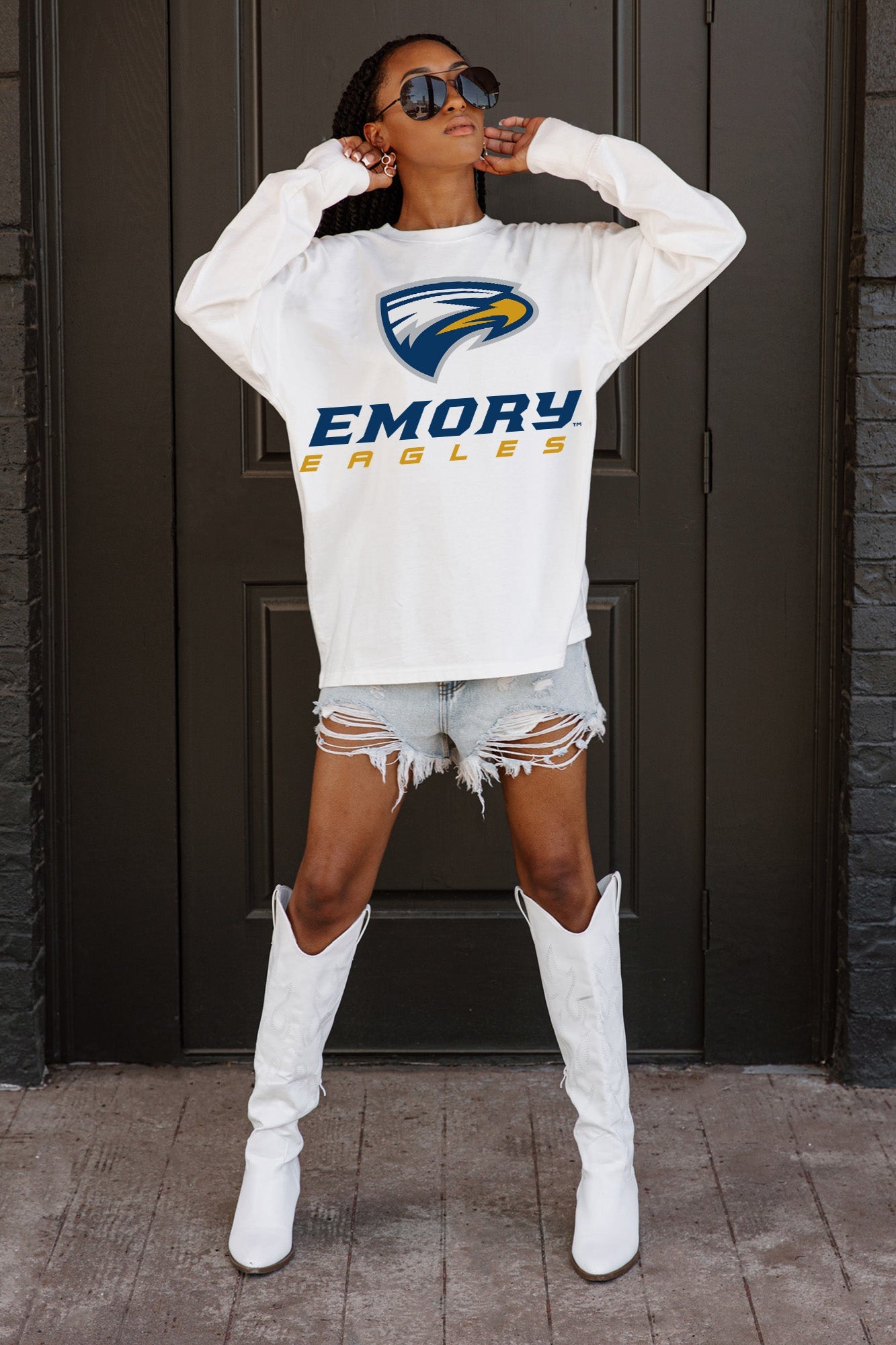 White EMORY EAGLES Big Goals Oversized Long Sleeve Tee - Full Body Front View | Gameday Couture - SOHO
