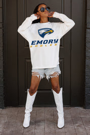 White EMORY EAGLES Big Goals Oversized Long Sleeve Tee - Full Body Front View | Gameday Couture - SOHO