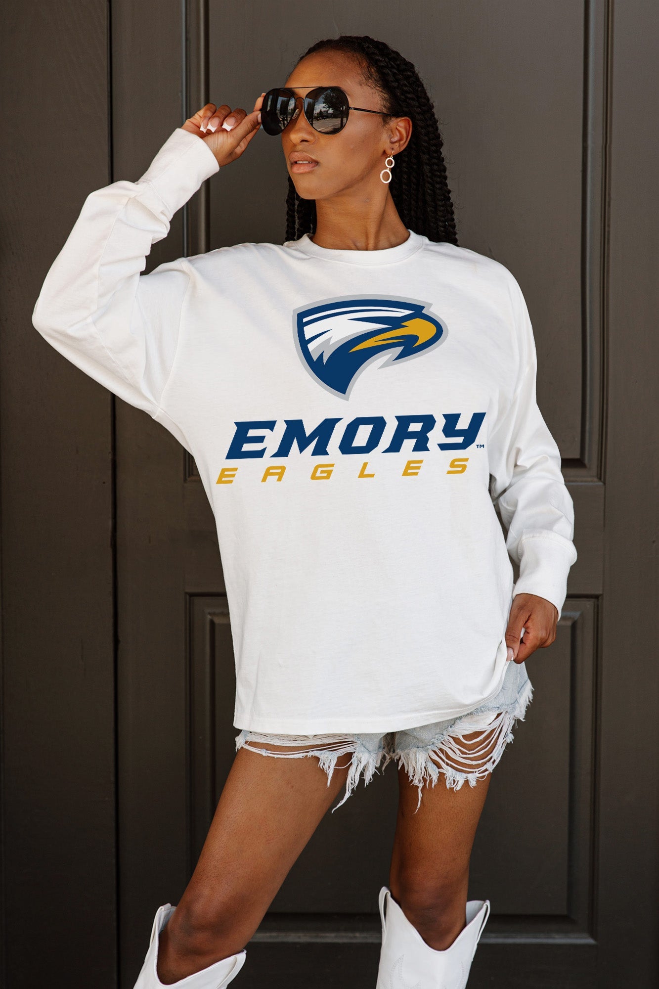 White EMORY EAGLES Big Goals Oversized Long Sleeve Tee - Side Profile View | Gameday Couture - SOHO