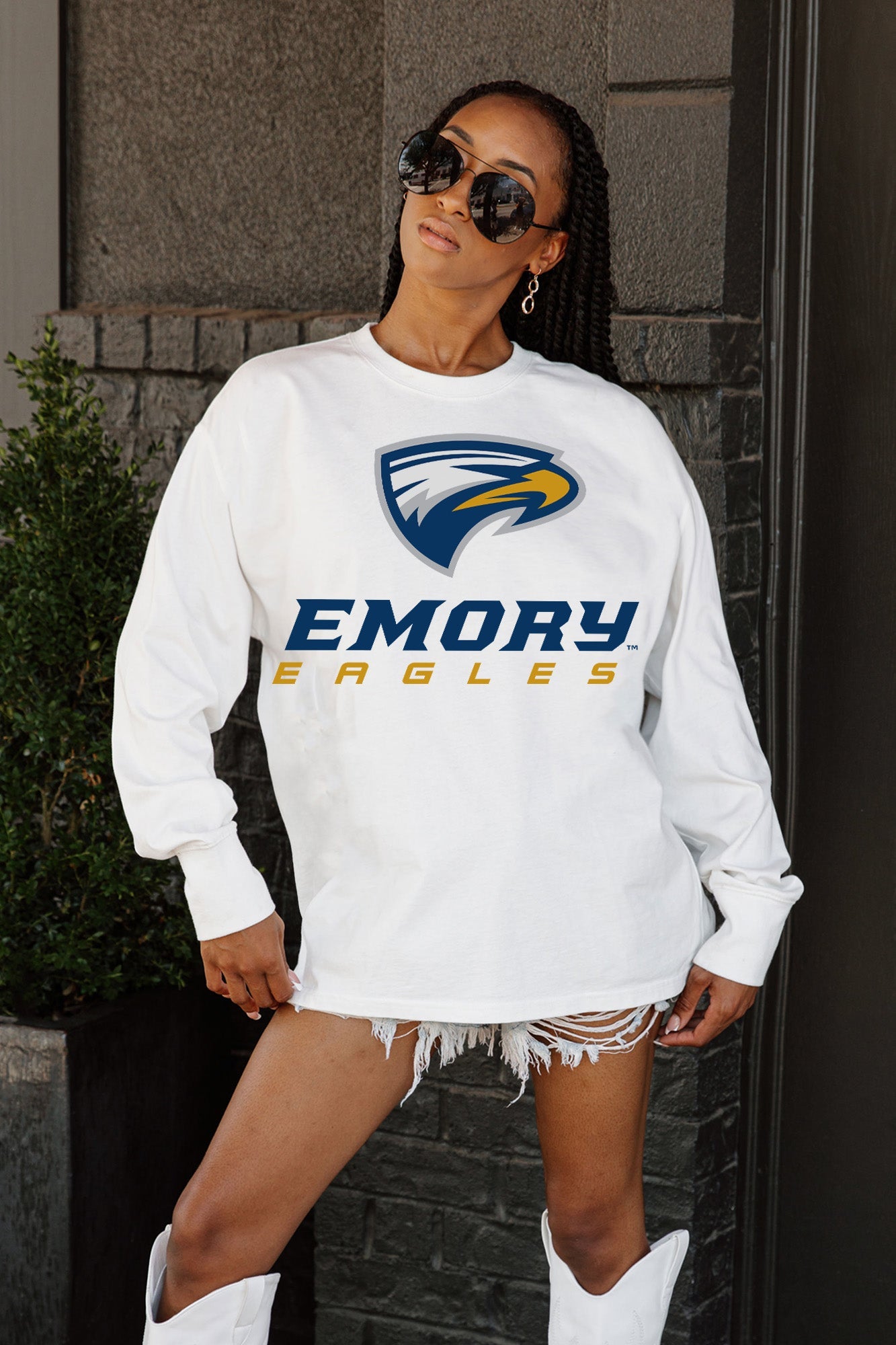 White EMORY EAGLES Big Goals Oversized Long Sleeve Tee - Relaxed Fit View | Gameday Couture - SOHO