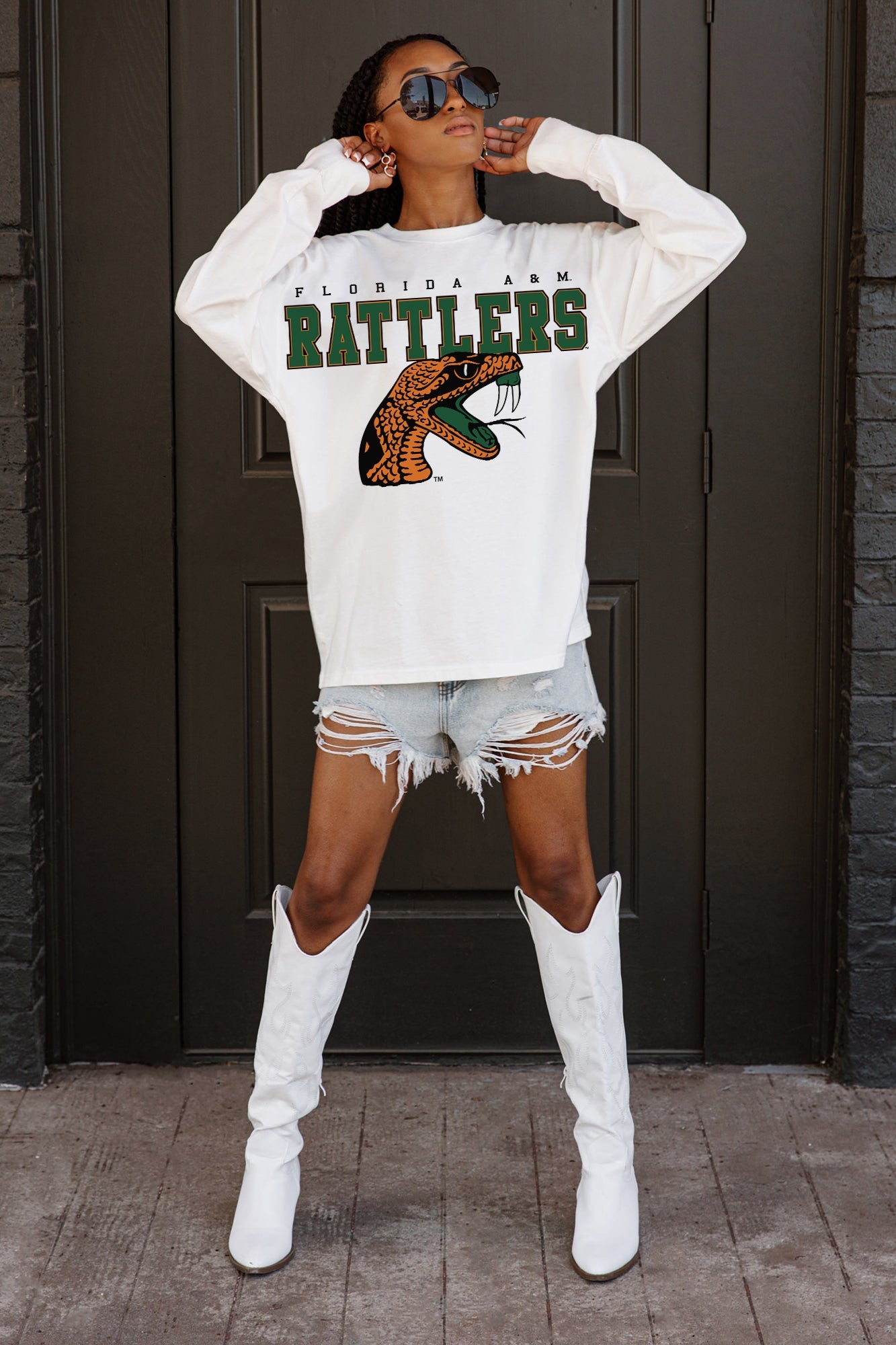 FLORIDA A&M RATTLERS BIG GOALS OVERSIZED LONG SLEEVE TEE WITH RIBBED NECKLINE AND CUFFS