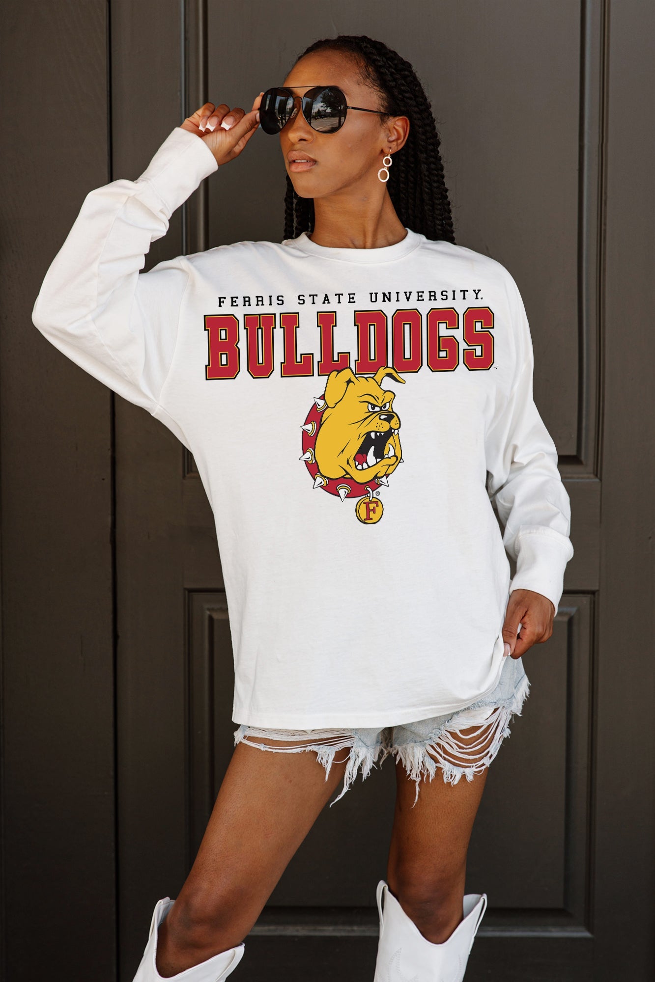 FERRIS STATE BULLDOGS BIG GOALS OVERSIZED LONG SLEEVE TEE WITH RIBBED NECKLINE AND CUFFS