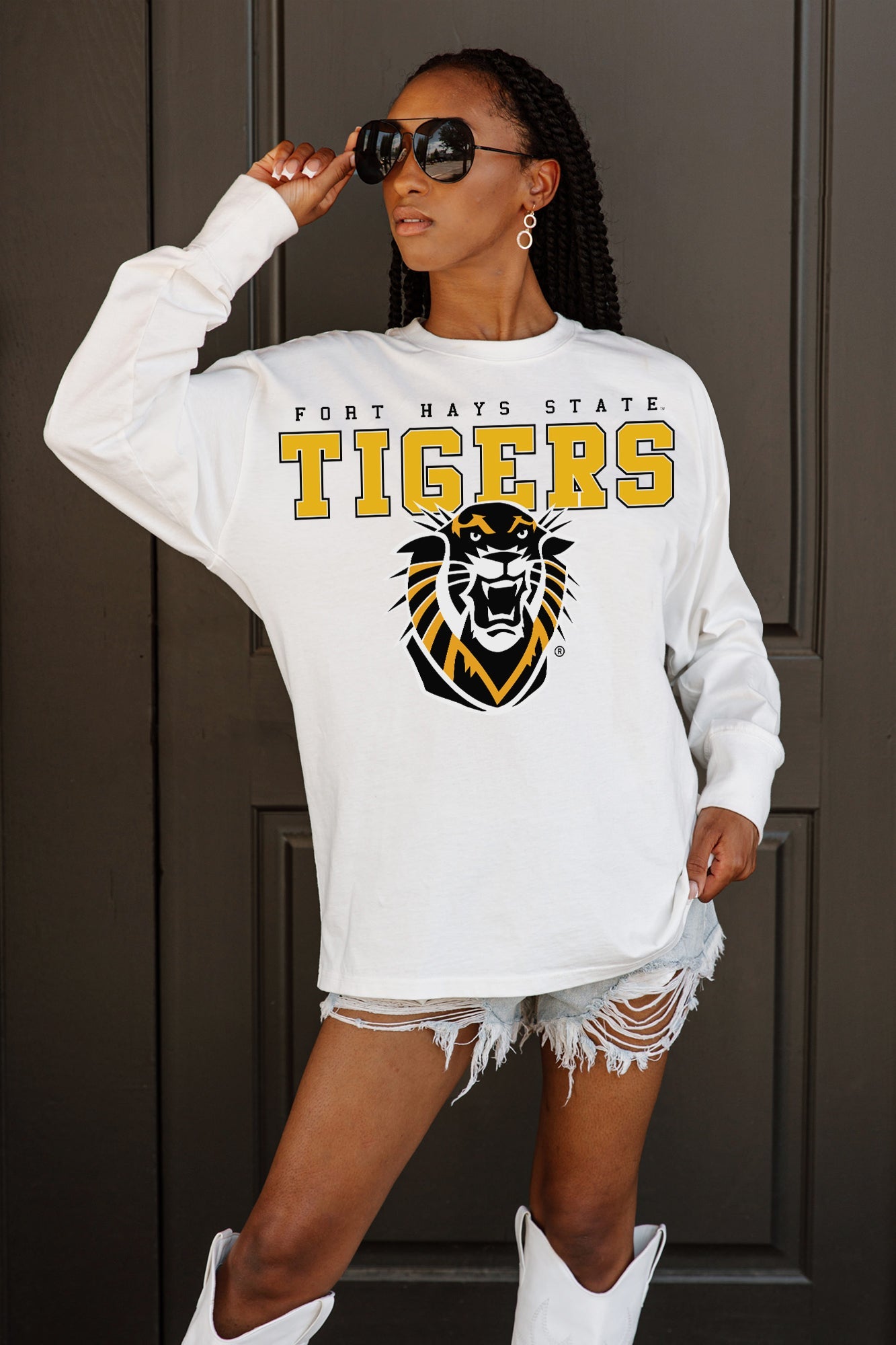 FORT HAYS STATE TIGERS BIG GOALS OVERSIZED LONG SLEEVE TEE WITH RIBBED NECKLINE AND CUFFS