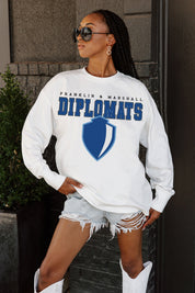 White F&M Diplomats Big Goals Oversized Long Sleeve Tee - Front Graphic Detail On Model | Gameday Couture - SOHO