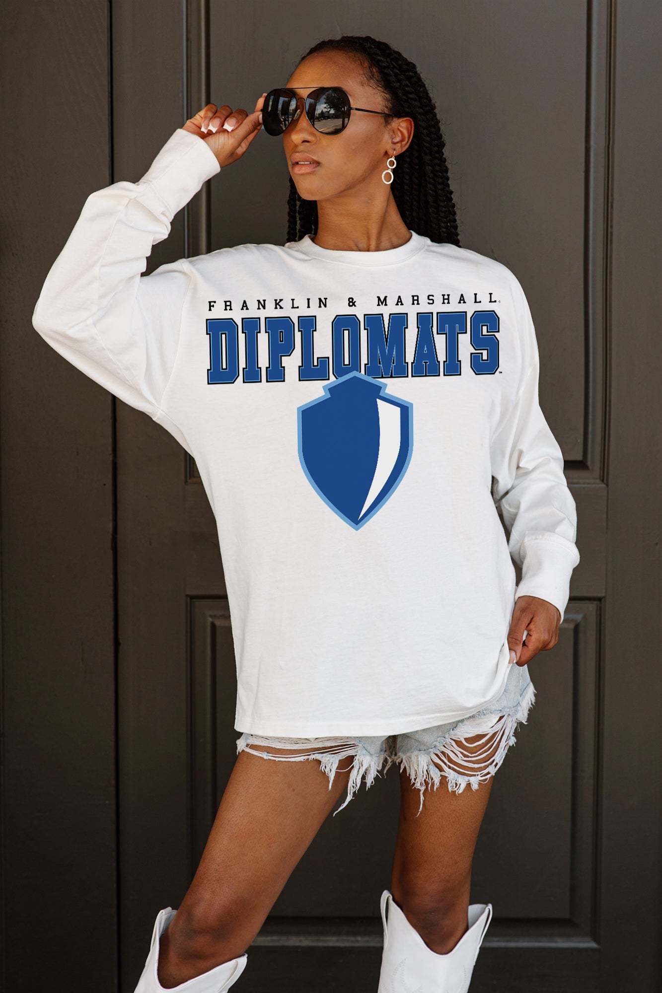 White F&M Diplomats Big Goals Oversized Long Sleeve Tee - Relaxed Fit On Model | Gameday Couture - SOHO