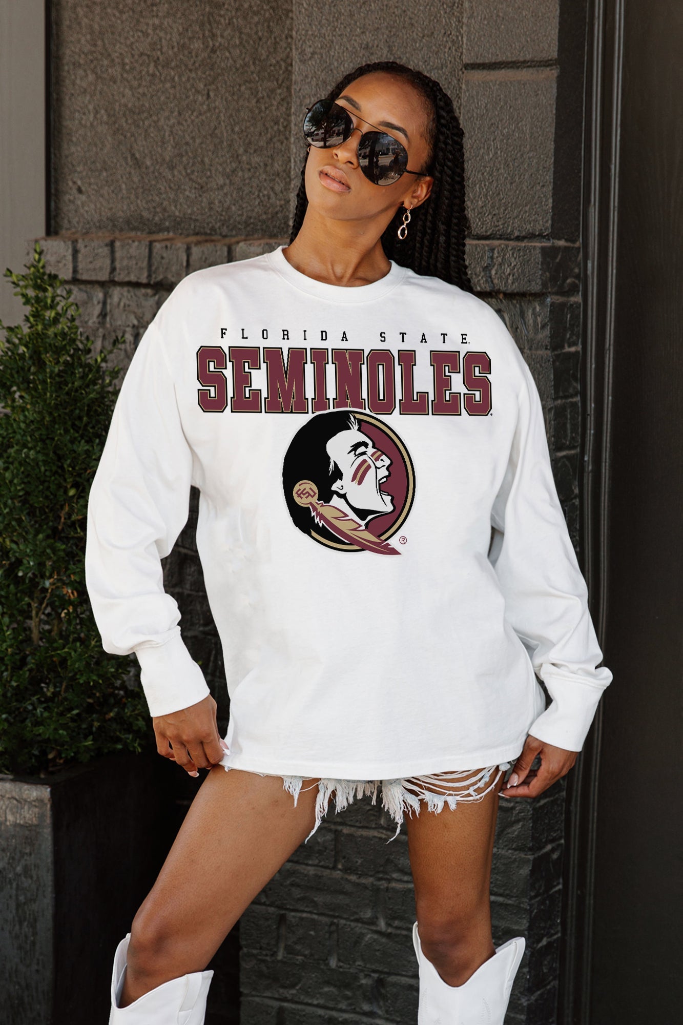 FLORIDA STATE SEMINOLES BIG GOALS OVERSIZED LONG SLEEVE TEE WITH RIBBED NECKLINE AND CUFFS