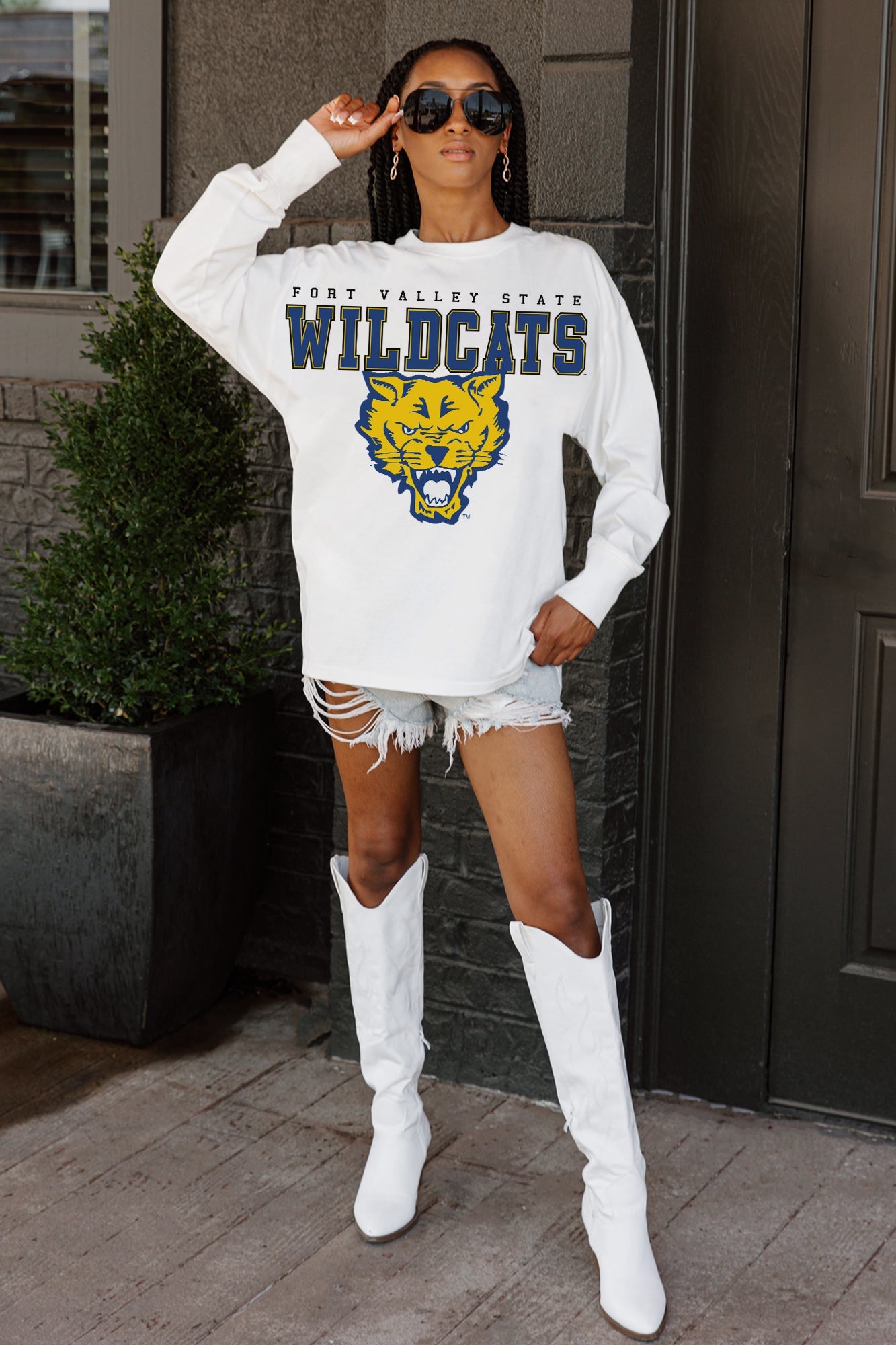 FORT VALLEY STATE WILDCATS BIG GOALS OVERSIZED LONG SLEEVE TEE WITH RIBBED NECKLINE AND CUFFS