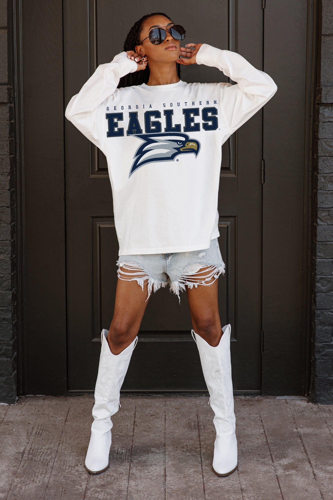 GEORGIA SOUTHERN EAGLES BIG GOALS OVERSIZED LONG SLEEVE TEE WITH RIBBED NECKLINE AND CUFFS