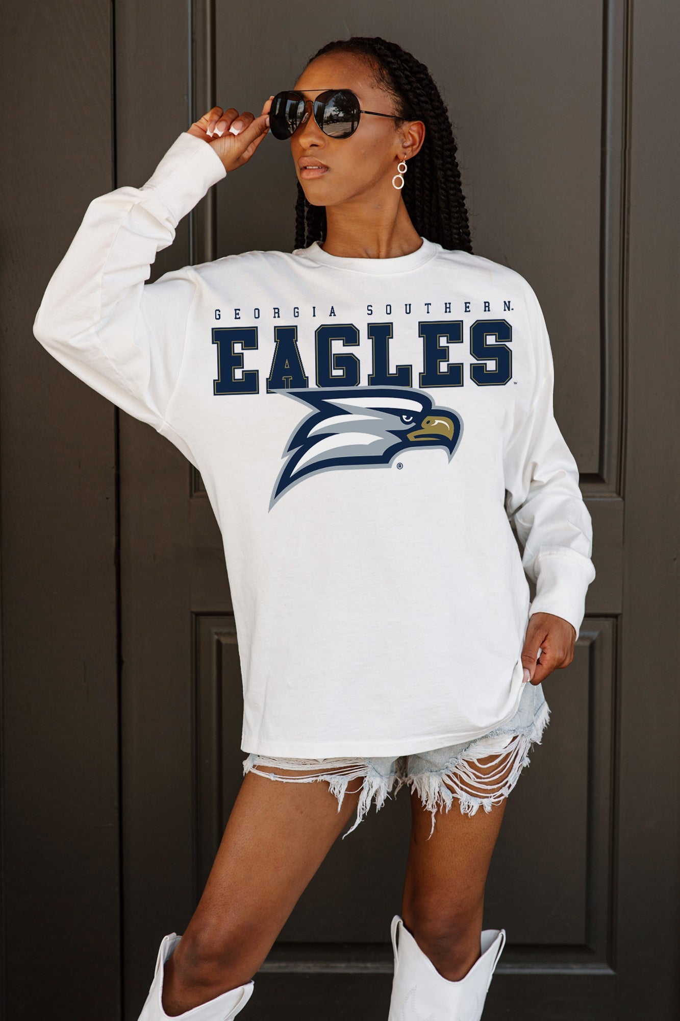 GEORGIA SOUTHERN EAGLES BIG GOALS OVERSIZED LONG SLEEVE TEE WITH RIBBED NECKLINE AND CUFFS