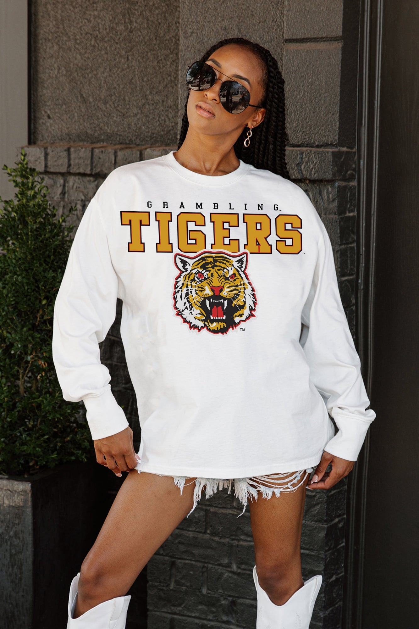 GRAMBLING STATE TIGERS BIG GOALS OVERSIZED LONG SLEEVE TEE WITH RIBBED NECKLINE AND CUFFS