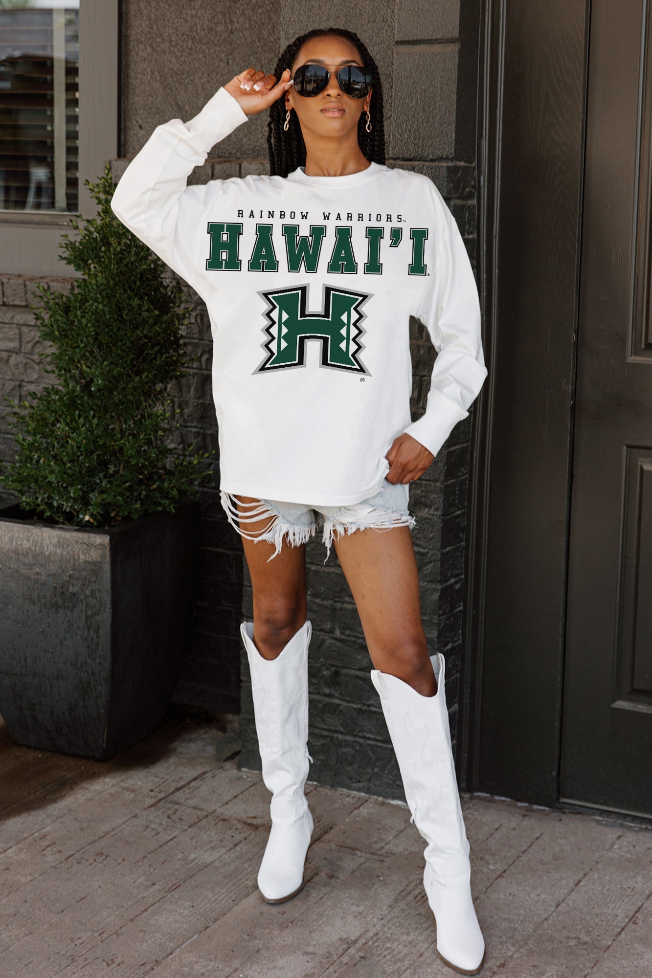 HAWAII RAINBOW WARRIORS BIG GOALS OVERSIZED LONG SLEEVE TEE WITH RIBBED NECKLINE AND CUFFS