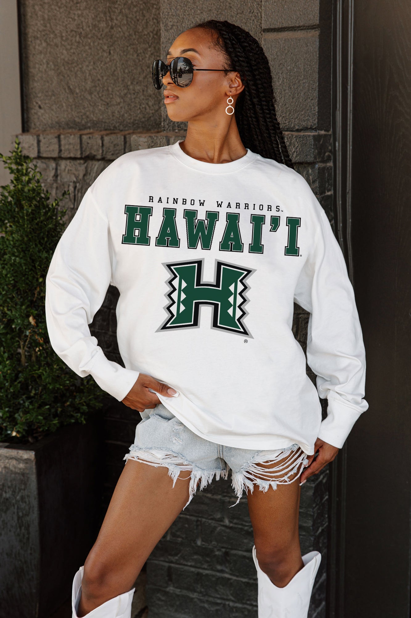 HAWAII RAINBOW WARRIORS BIG GOALS OVERSIZED LONG SLEEVE TEE WITH RIBBED NECKLINE AND CUFFS