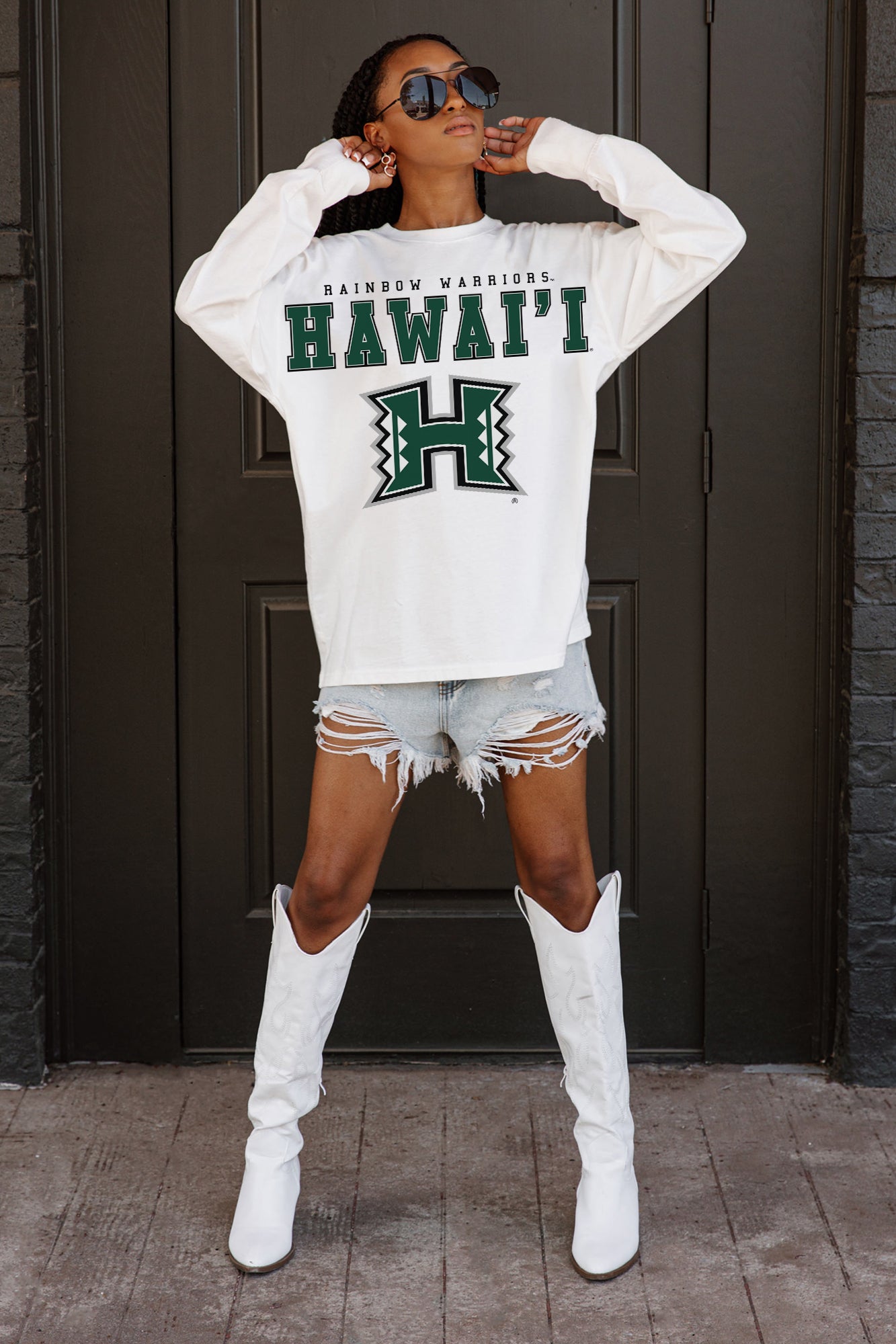 HAWAII RAINBOW WARRIORS BIG GOALS OVERSIZED LONG SLEEVE TEE WITH RIBBED NECKLINE AND CUFFS