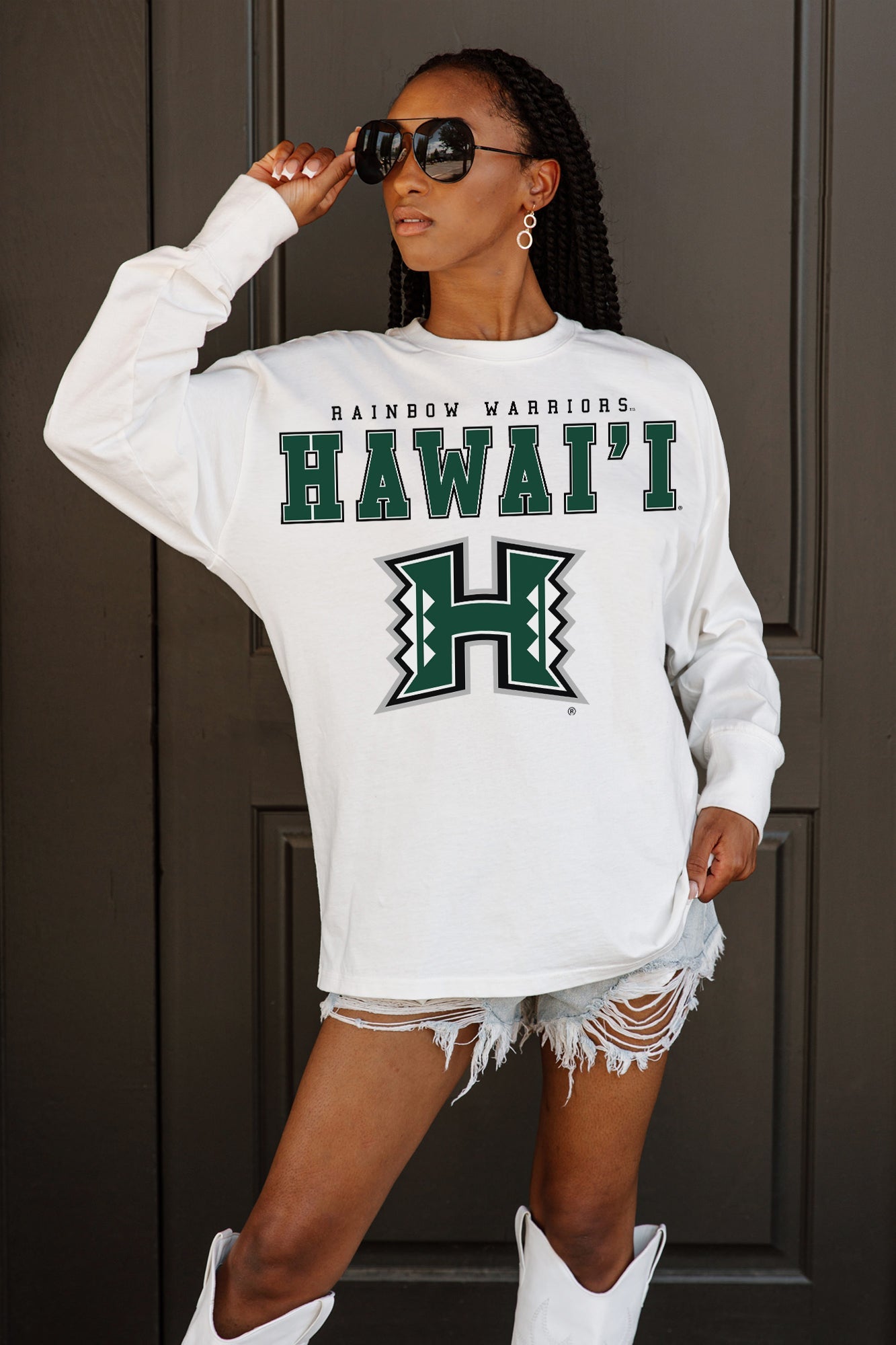 HAWAII RAINBOW WARRIORS BIG GOALS OVERSIZED LONG SLEEVE TEE WITH RIBBED NECKLINE AND CUFFS