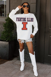 White Illinois Fighting Illini BIG GOALS Oversized Long Sleeve Tee - Full Front Styled Look | Gameday Couture - SOHO