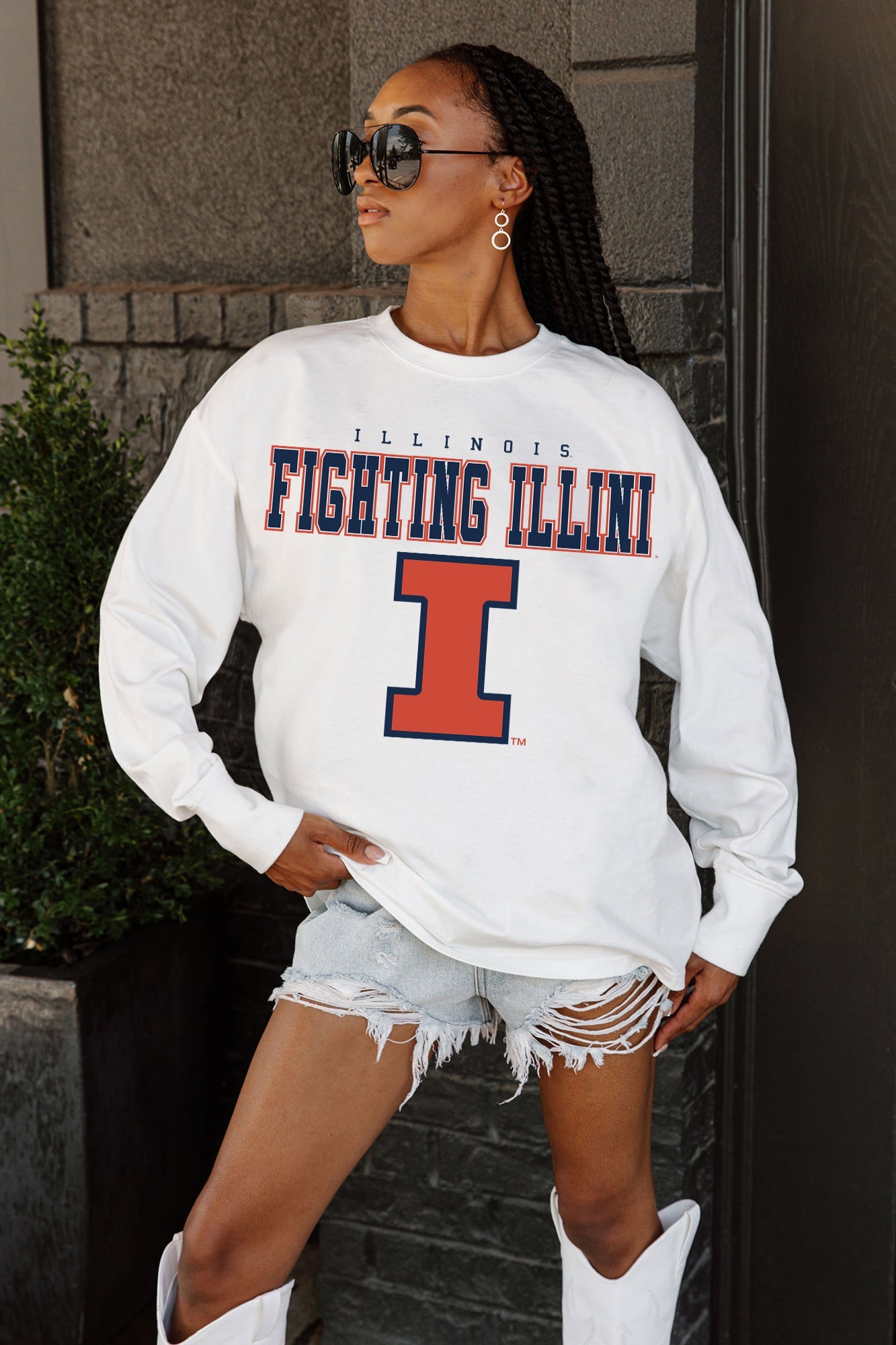 White Illinois Fighting Illini BIG GOALS Oversized Long Sleeve Tee - Front Graphic Detail On Model | Gameday Couture - SOHO