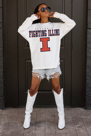 White Illinois Fighting Illini BIG GOALS Oversized Long Sleeve Tee - Front Three-Quarter View On Model | Gameday Couture - SOHO