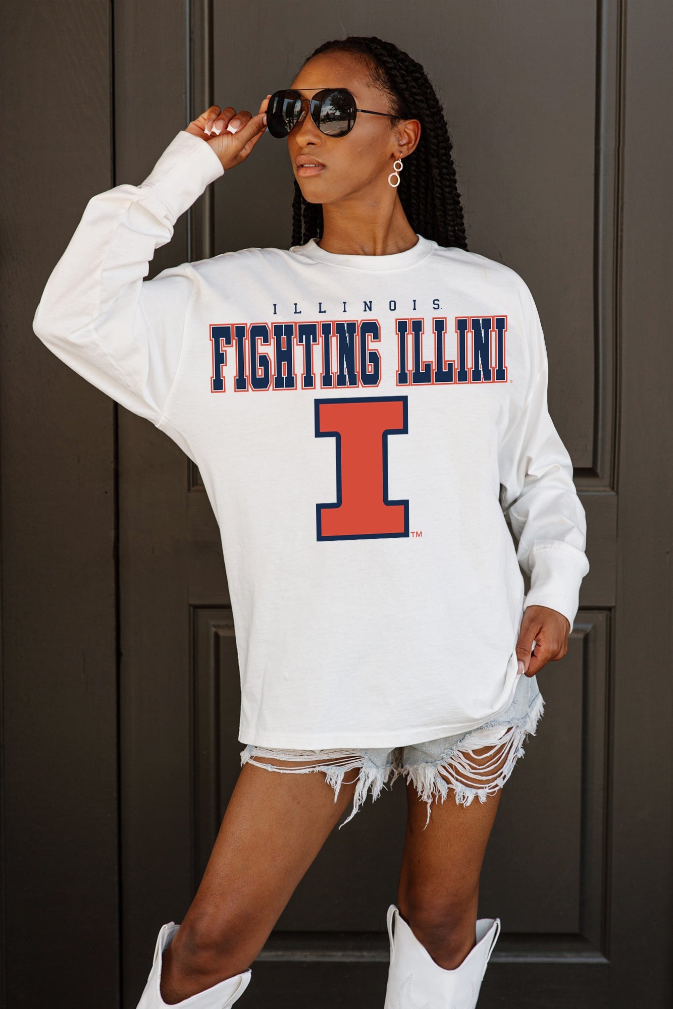 White Illinois Fighting Illini BIG GOALS Oversized Long Sleeve Tee - Close-Up Front Graphic On Model | Gameday Couture - SOHO