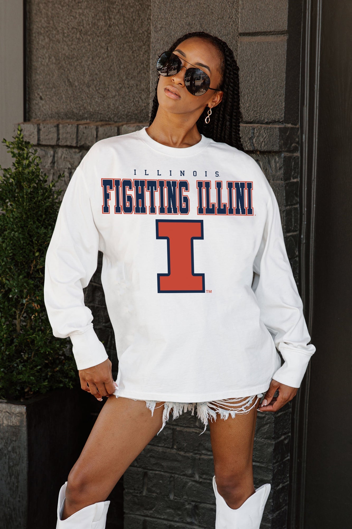 White Illinois Fighting Illini BIG GOALS Oversized Long Sleeve Tee - Outdoor Lifestyle Front View | Gameday Couture - SOHO