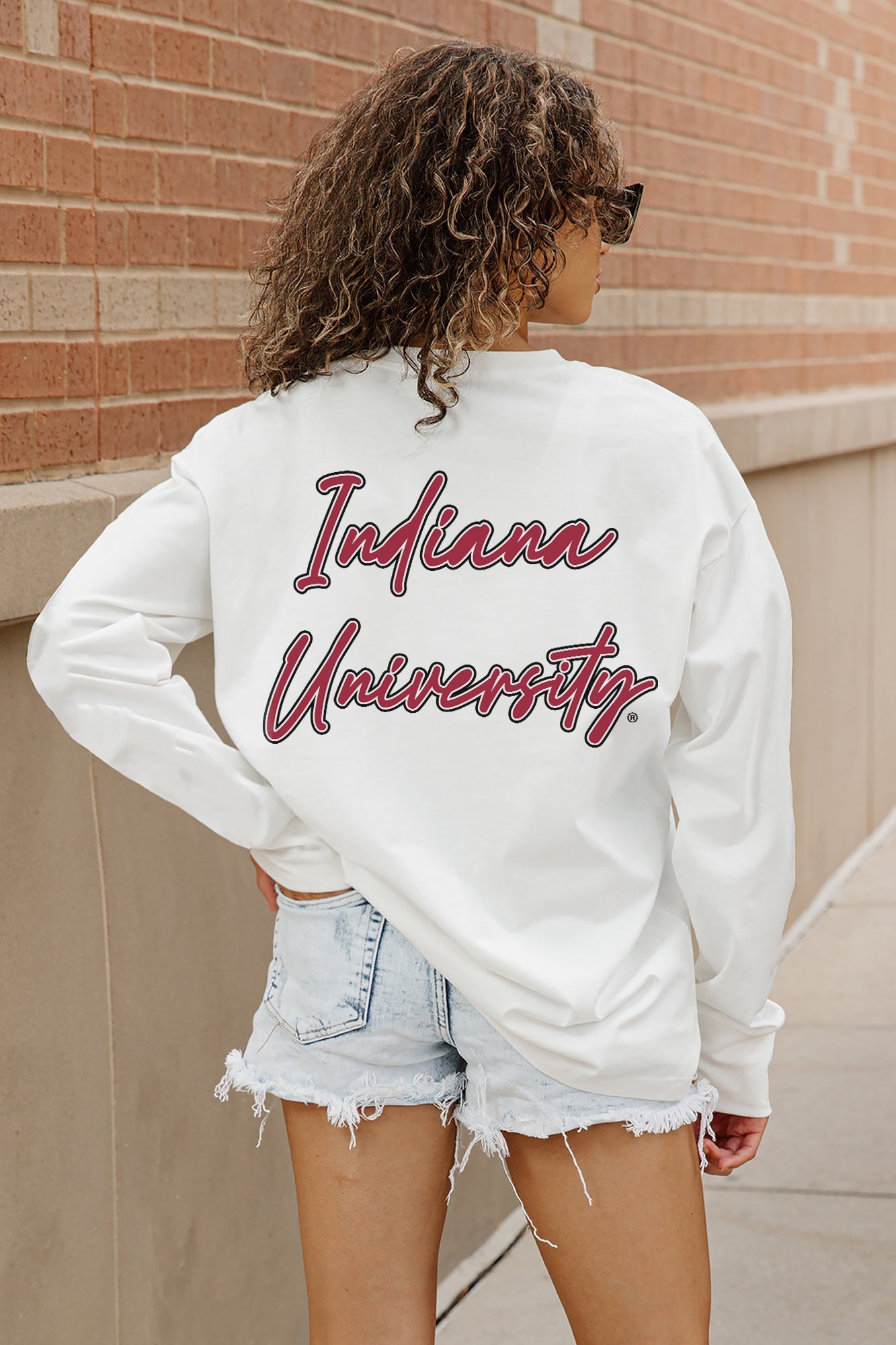 White Indiana University Double Move Oversized Long-Sleeve Tee - Back Graphic Detail, Tailgate Outfit | Gameday Couture - SOHO