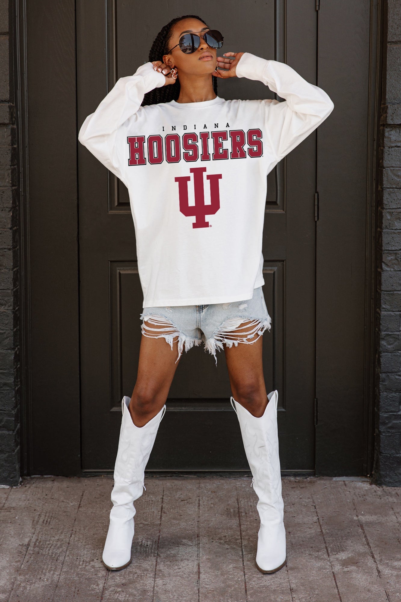 INDIANA HOOSIERS BIG GOALS OVERSIZED LONG SLEEVE TEE WITH RIBBED NECKLINE AND CUFFS