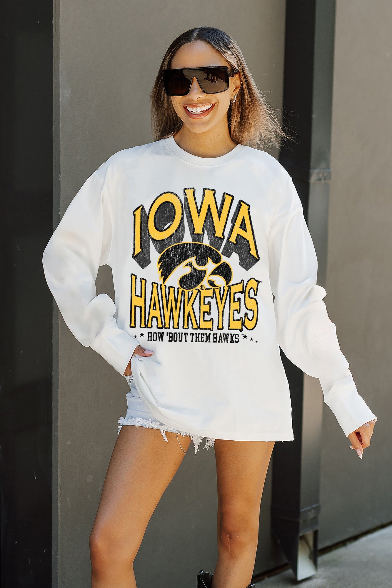 White Iowa Hawkeyes TIME OUT Oversized Long-Sleeve Tee - Front On-Model Close-Up | Gameday Couture - SOHO
