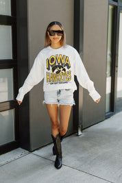 White Iowa Hawkeyes TIME OUT Oversized Long-Sleeve Tee - Full-Length Styled Look with Denim Shorts | Gameday Couture - SOHO