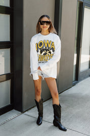 White Iowa Hawkeyes TIME OUT Oversized Long-Sleeve Tee - Back View On-Model Showing Relaxed Fit | Gameday Couture - SOHO
