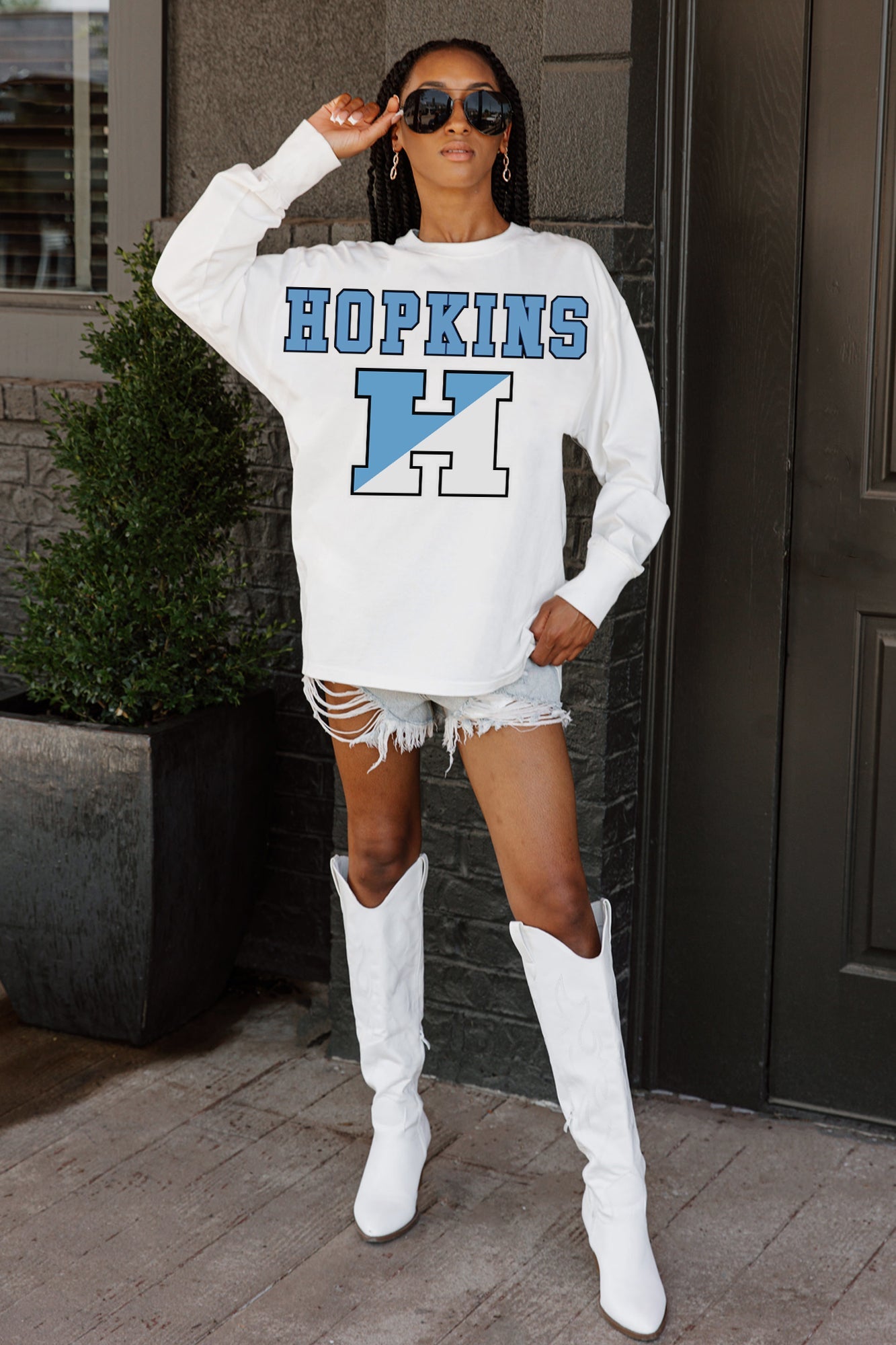 JOHNS HOPKINS BLUEJAYS BIG GOALS OVERSIZED LONG SLEEVE TEE WITH RIBBED NECKLINE AND CUFFS