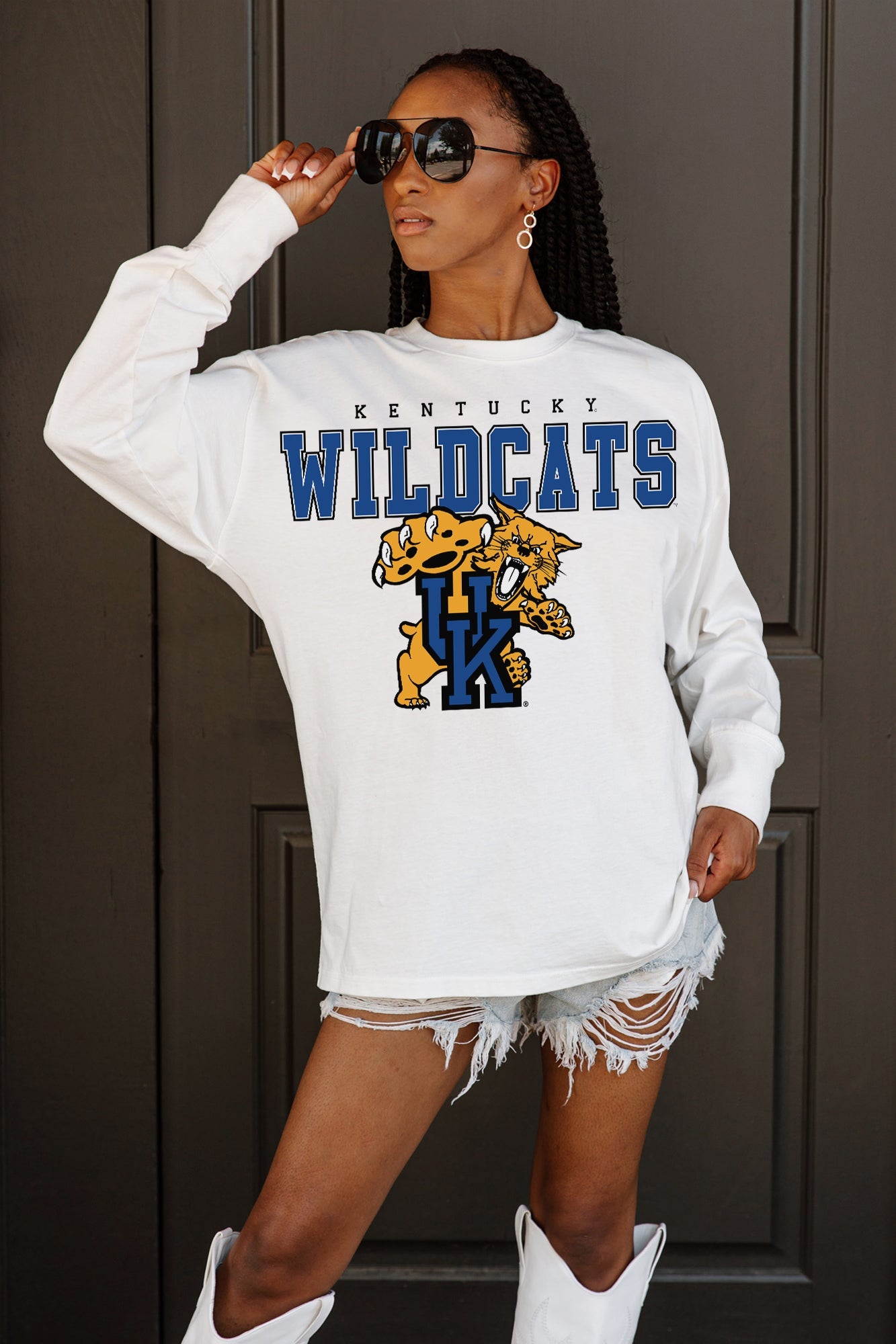 KENTUCKY WILDCATS BIG GOALS OVERSIZED LONG SLEEVE TEE WITH RIBBED NECKLINE AND CUFFS