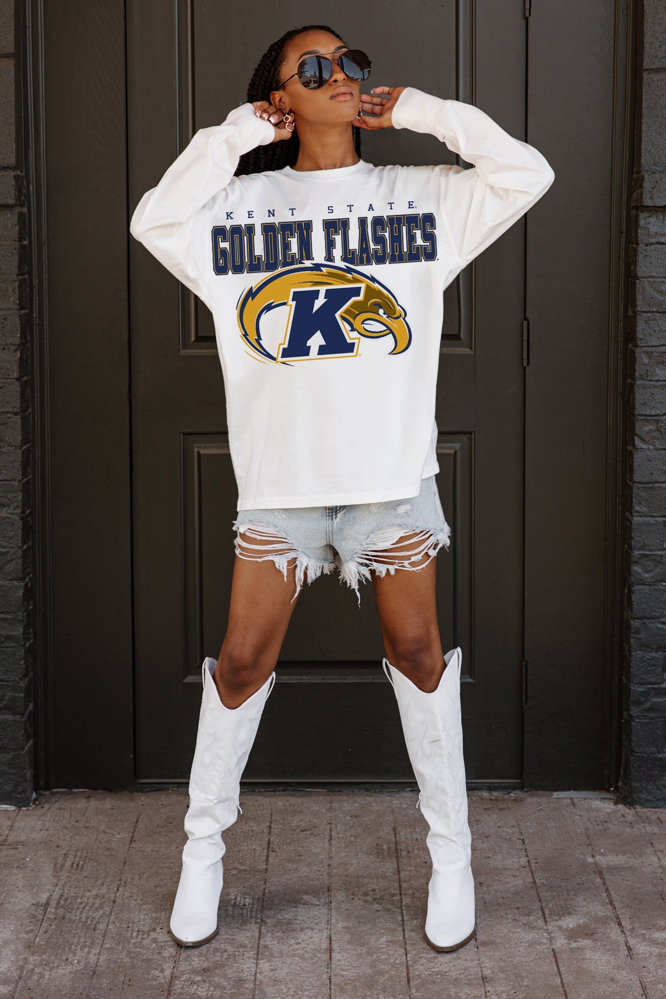 KENT STATE GOLDEN FLASHES BIG GOALS OVERSIZED LONG SLEEVE TEE WITH RIBBED NECKLINE AND CUFFS