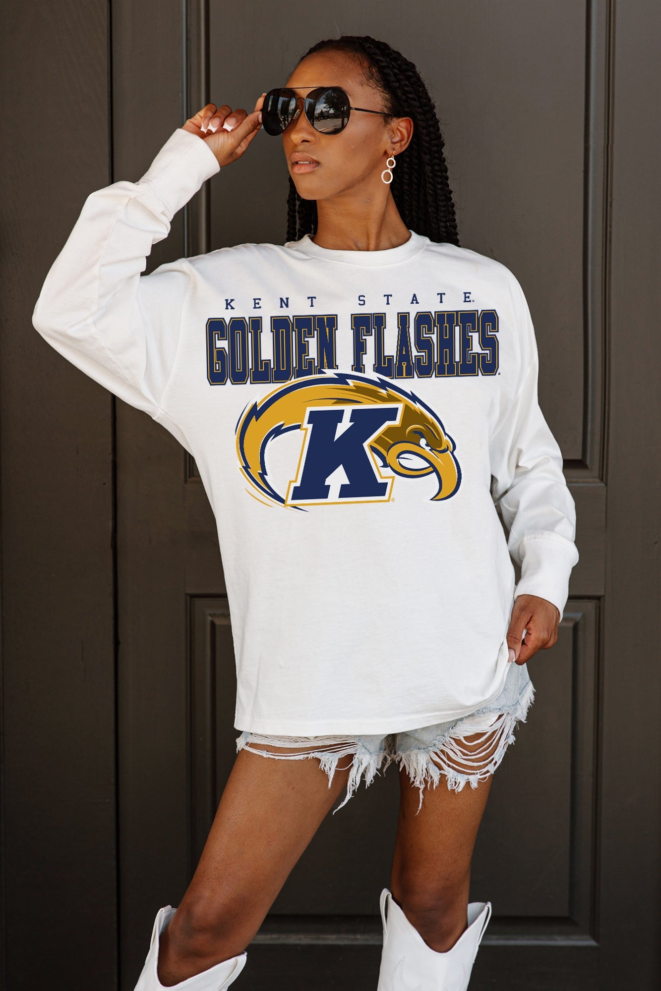 KENT STATE GOLDEN FLASHES BIG GOALS OVERSIZED LONG SLEEVE TEE WITH RIBBED NECKLINE AND CUFFS