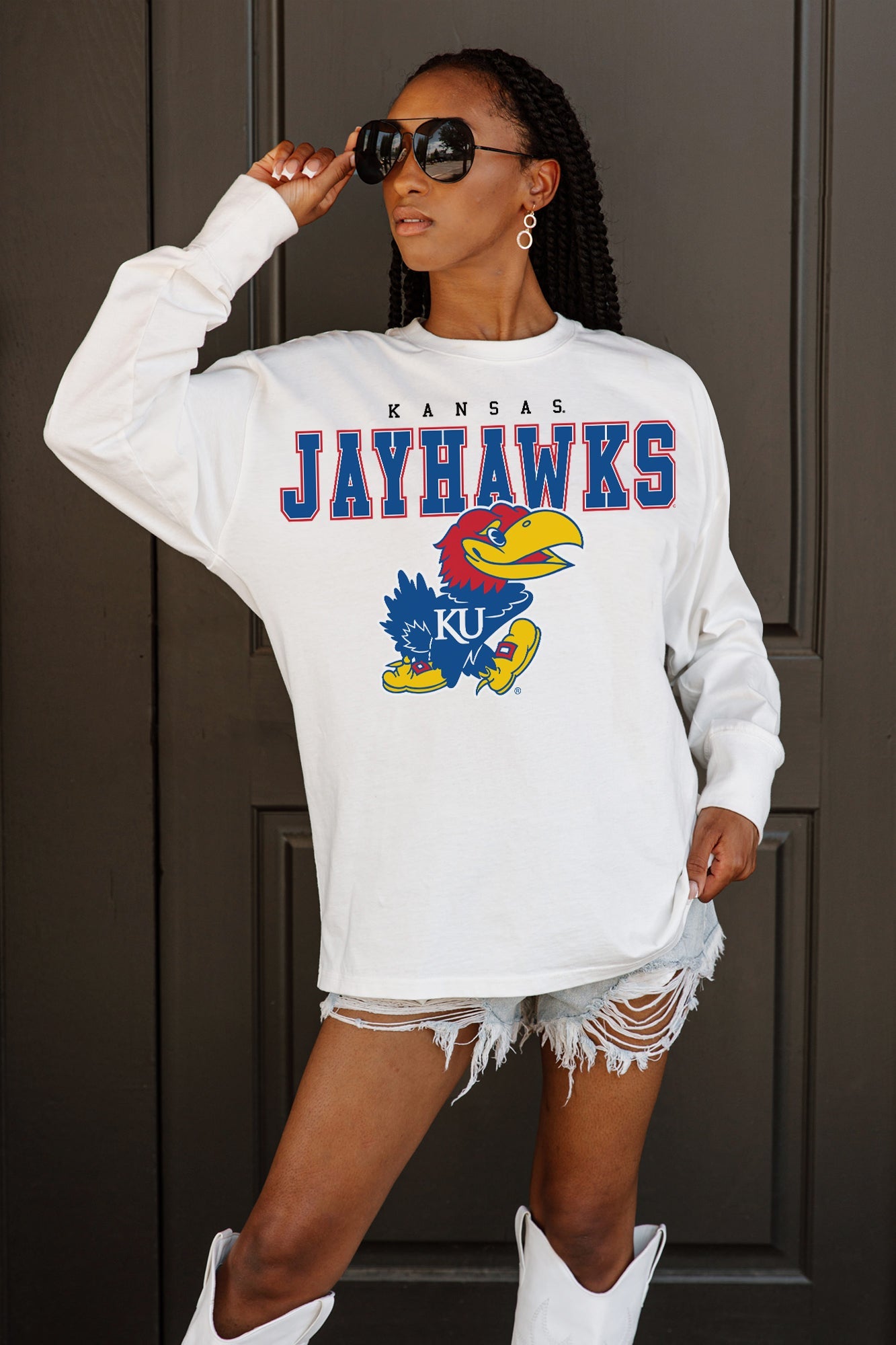 KANSAS JAYHAWKS BIG GOALS OVERSIZED LONG SLEEVE TEE WITH RIBBED NECKLINE AND CUFFS