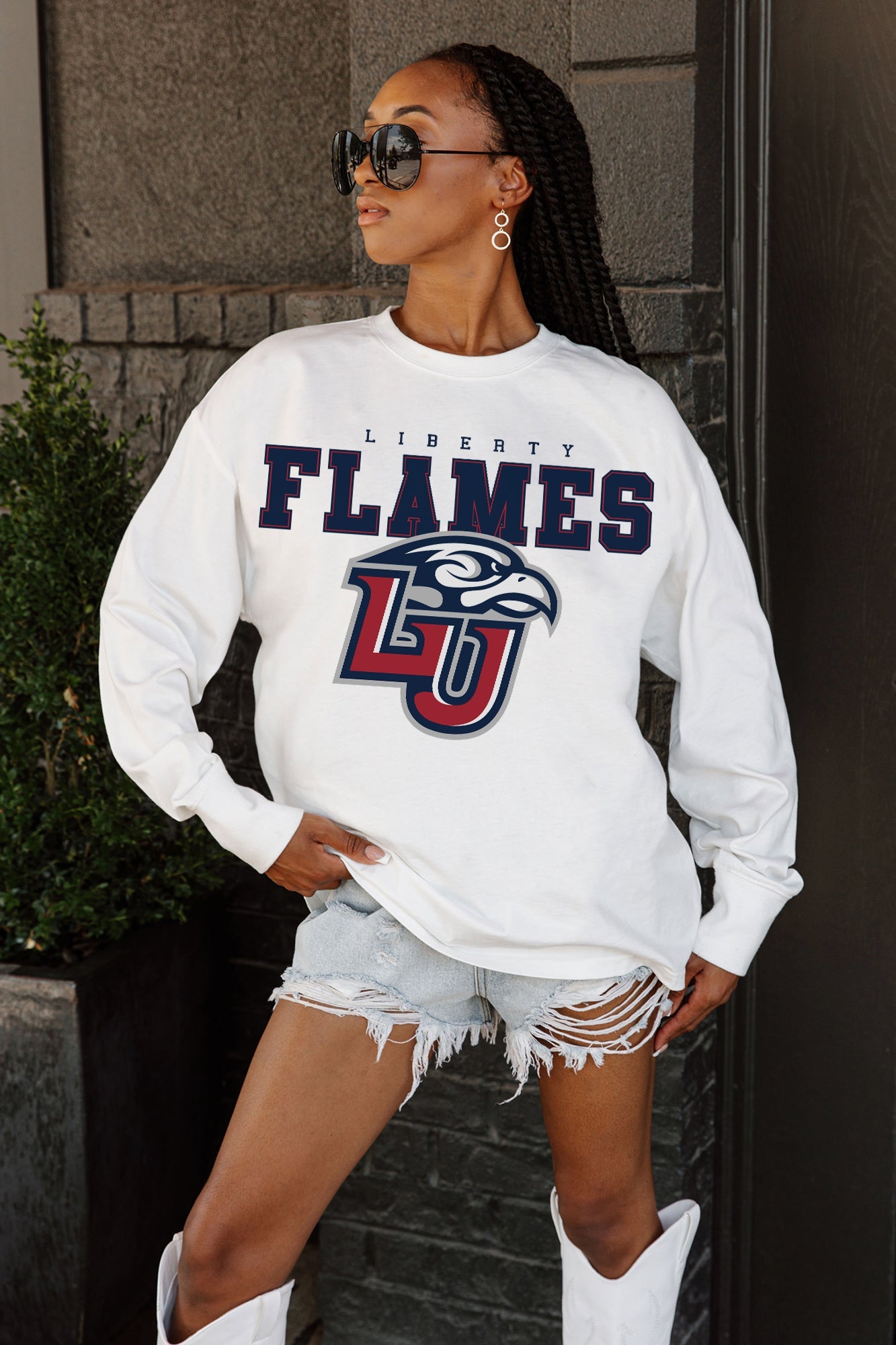 LIBERTY FLAMES BIG GOALS OVERSIZED LONG SLEEVE TEE WITH RIBBED NECKLINE AND CUFFS