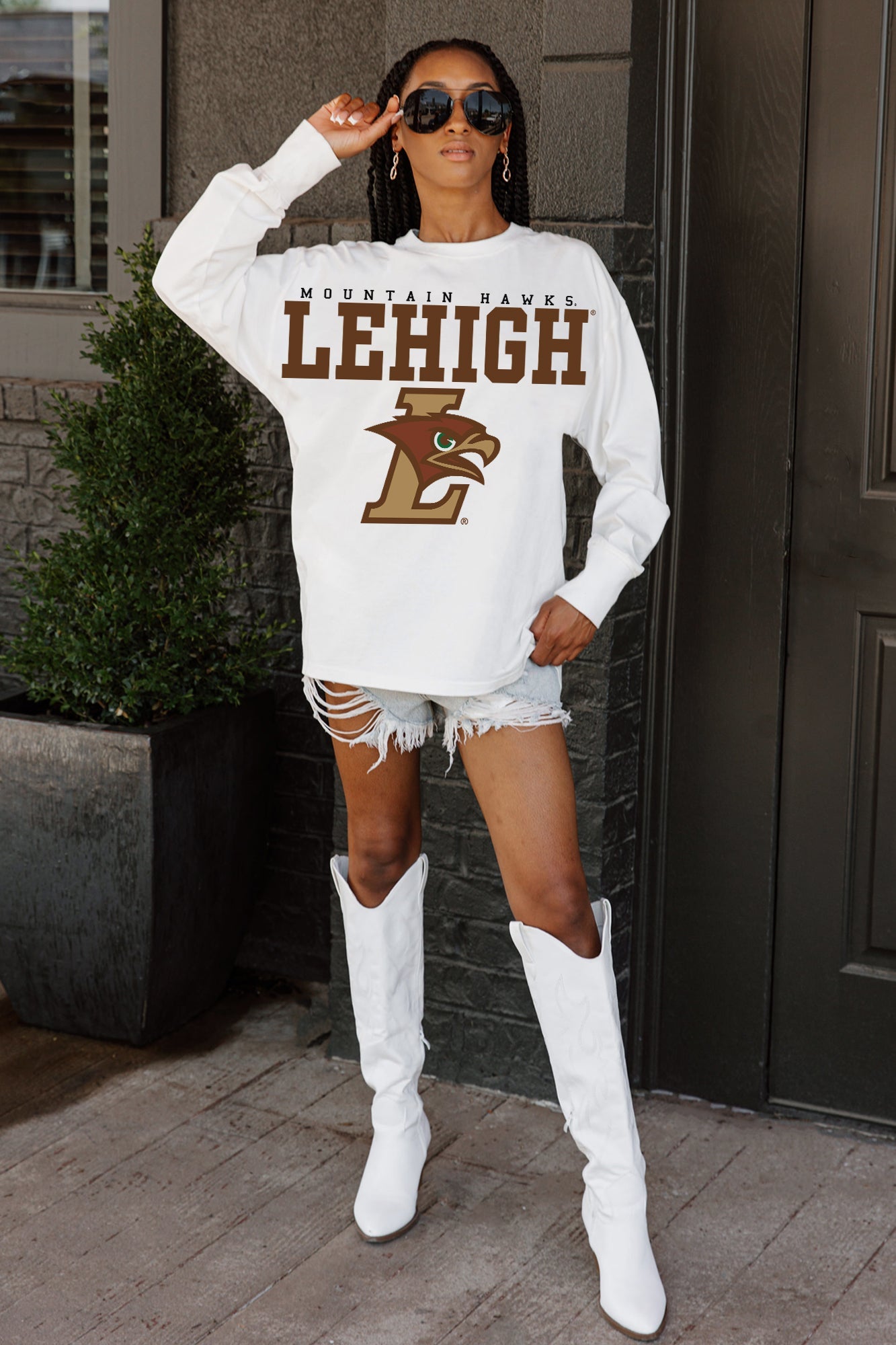 LEHIGH MOUNTAIN HAWKS BIG GOALS OVERSIZED LONG SLEEVE TEE WITH RIBBED NECKLINE AND CUFFS