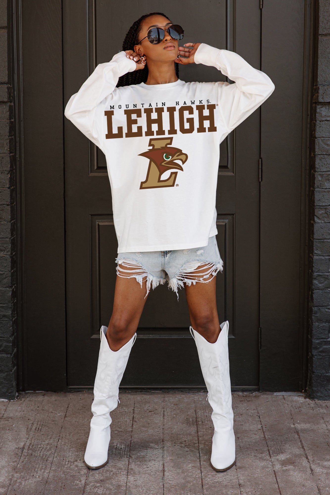 LEHIGH MOUNTAIN HAWKS BIG GOALS OVERSIZED LONG SLEEVE TEE WITH RIBBED NECKLINE AND CUFFS