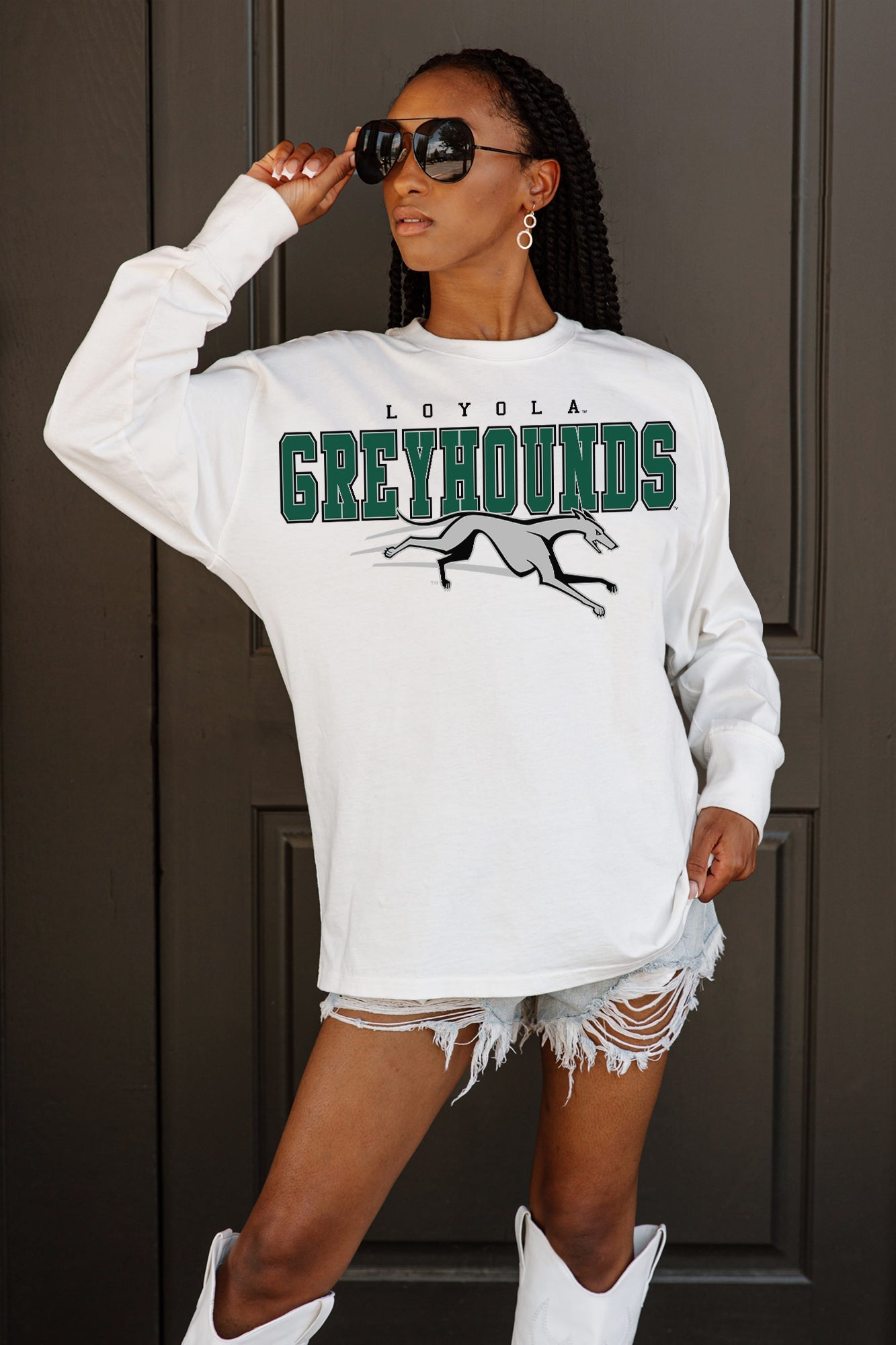 LOYOLA GREYHOUNDS BIG GOALS OVERSIZED LONG SLEEVE TEE WITH RIBBED NECKLINE AND CUFFS