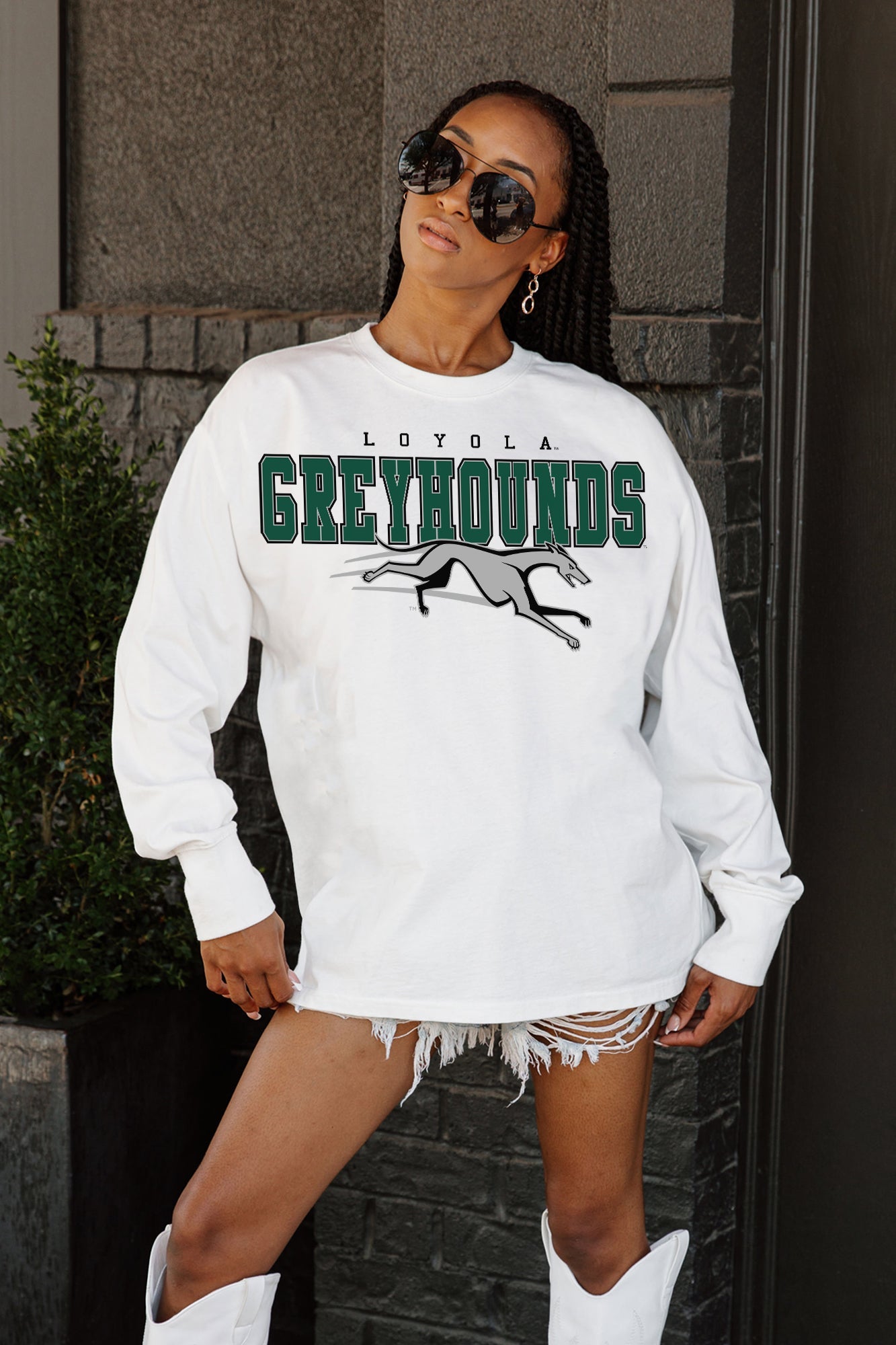 LOYOLA GREYHOUNDS BIG GOALS OVERSIZED LONG SLEEVE TEE WITH RIBBED NECKLINE AND CUFFS