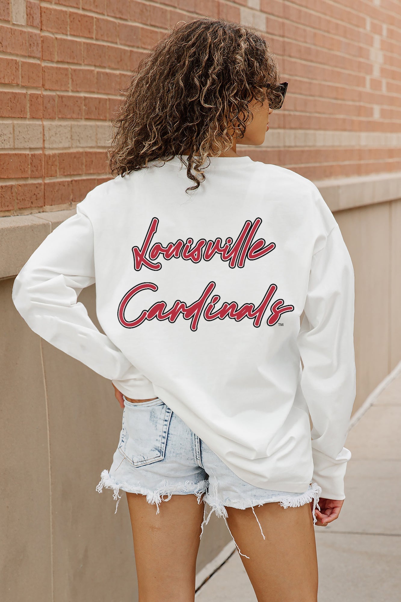 LOUISVILLE CARDINALS DOUBLE MOVE OVERSIZED LONG SLEEVE TEE WITH RIBBED NECKLINE AND CUFFS