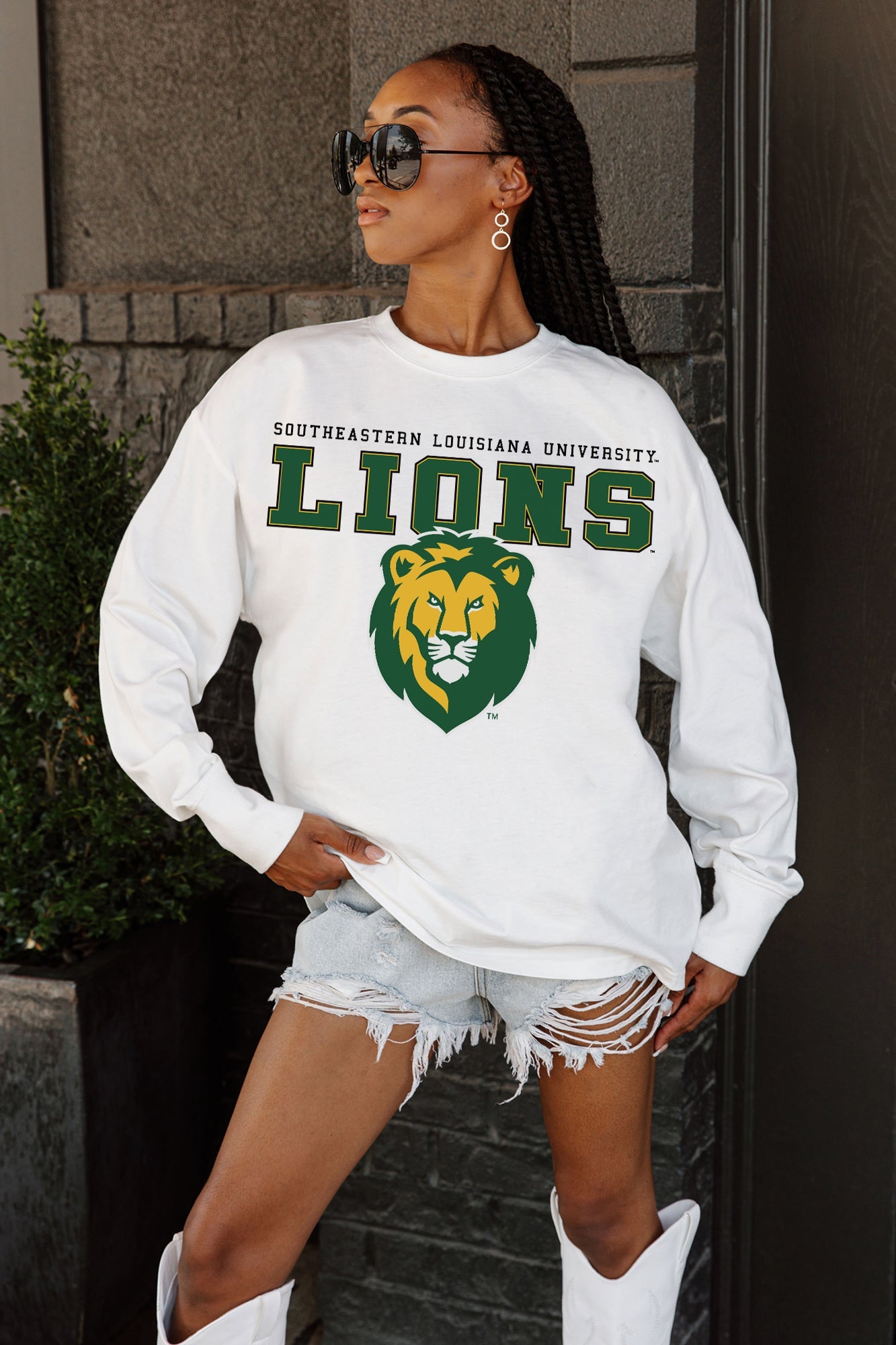 SOUTHEASTERN LOUISIANA LIONS BIG GOALS OVERSIZED LONG SLEEVE TEE - Side Profile On Model | Gameday Couture - SOHO